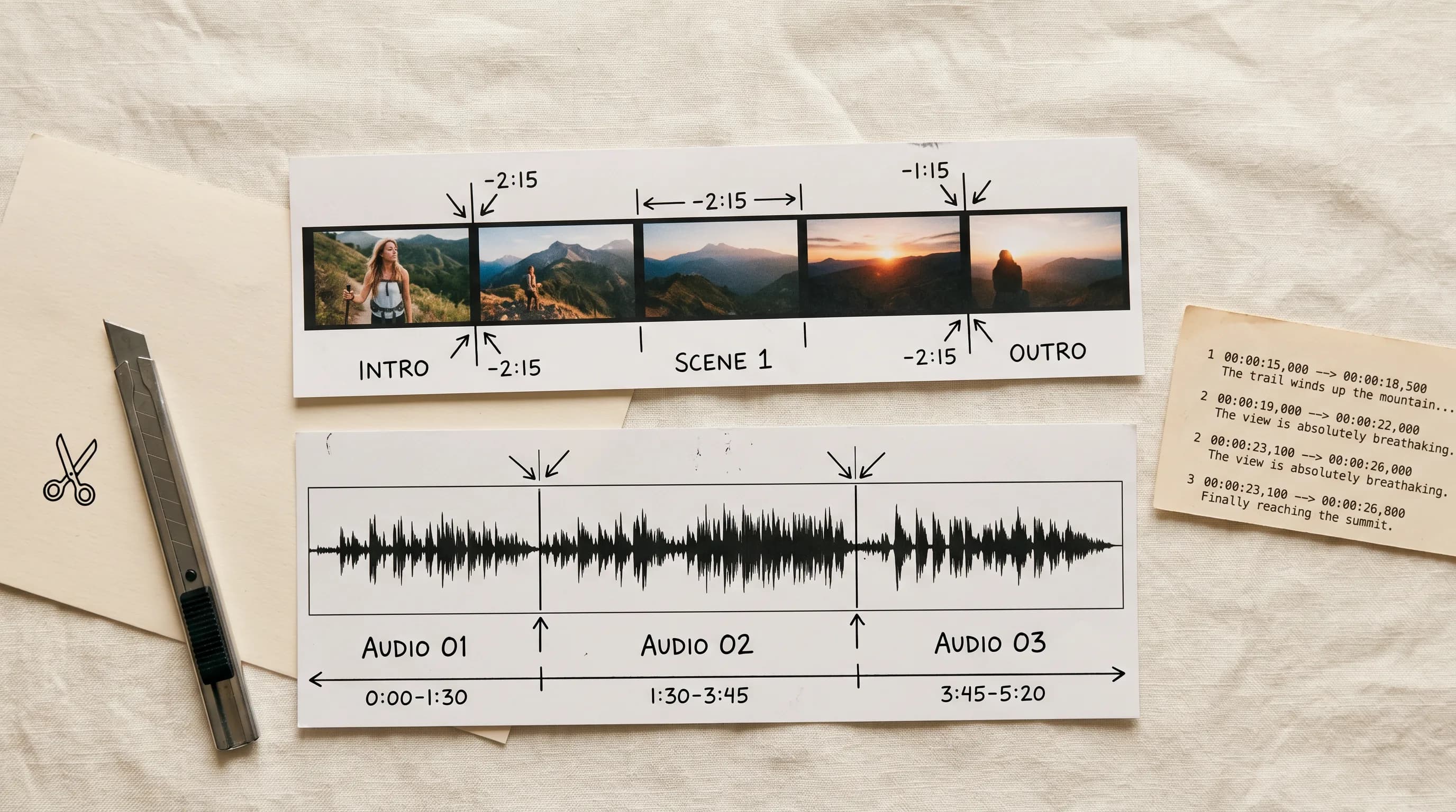 Video editing storyboard showing mountain hiking footage with audio waveform timeline, intro/scene/outro segments, and timecode markers on light background