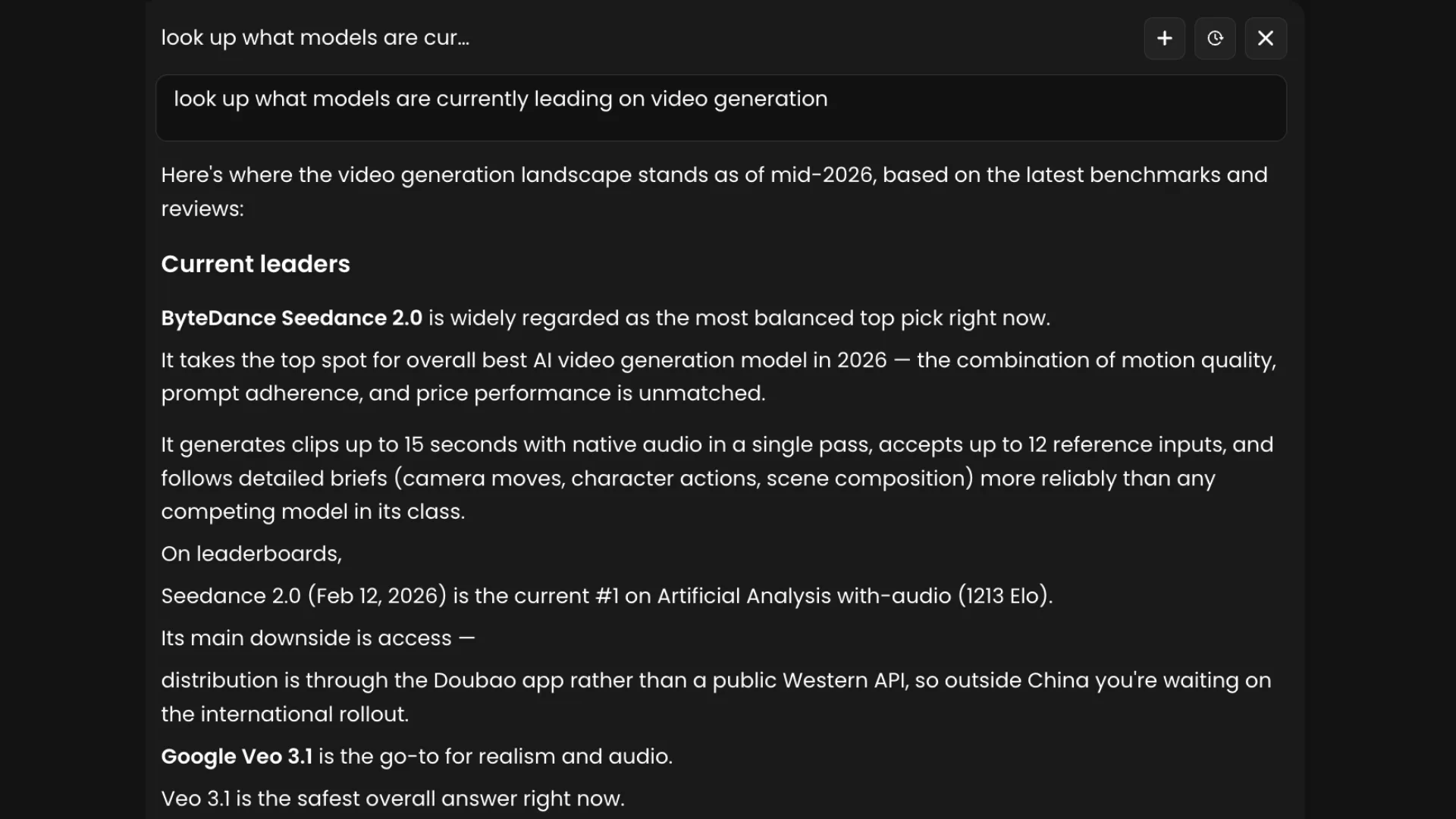 Text showing current leading AI video generation models in 2026 including ByteDance Seedance 2.0 and Google Veo 3.1 with benchmarks and features