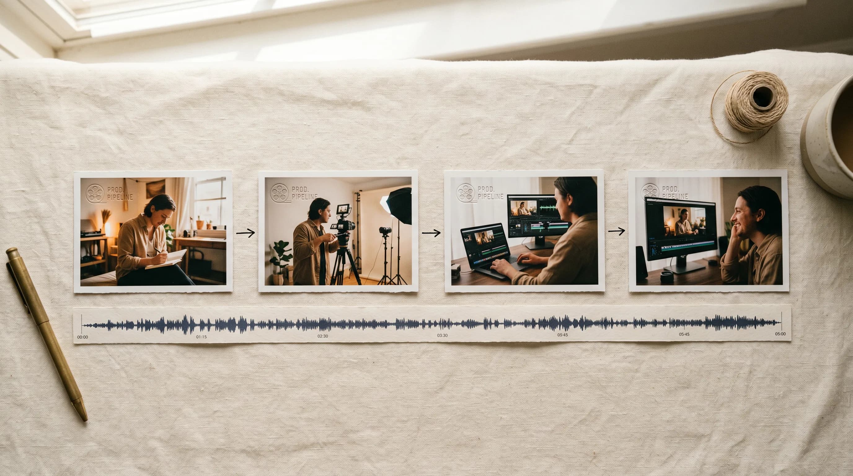 Flat lay of video production workflow showing four sequential photos of filmmaker recording, setting up camera, editing on laptop, and reviewing footage with audio waveform visualization