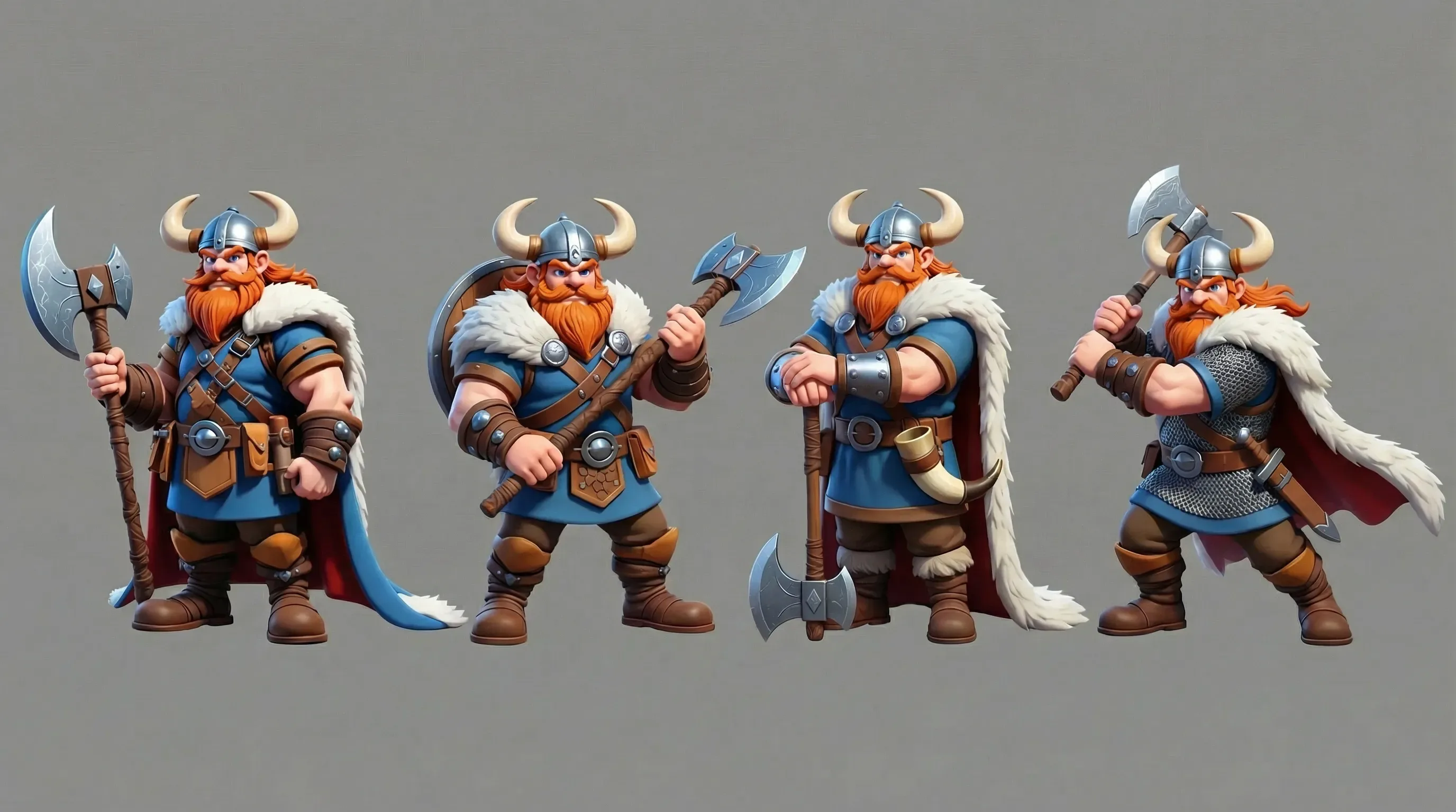 a close up of a group of figurines of a viking with axes