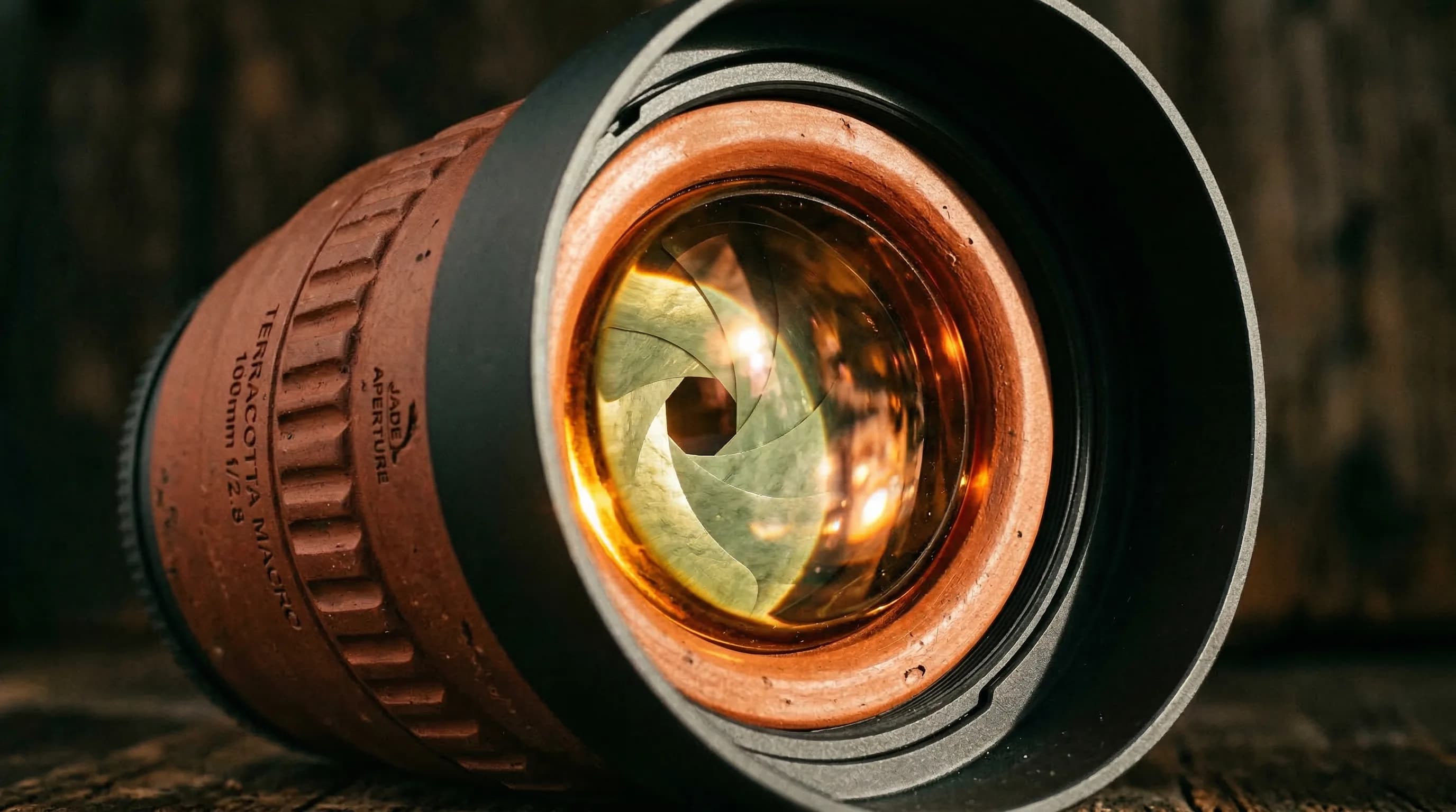 Close-up macro shot of a vintage camera lens with orange-tinted glass and brown leather focus ring detail