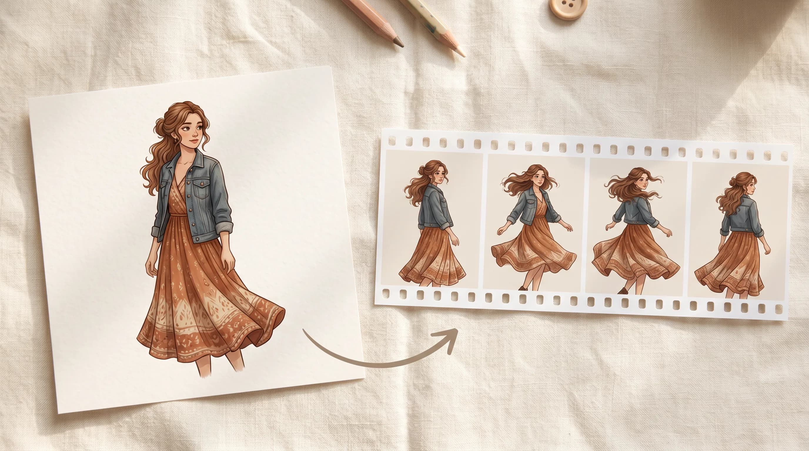 Vintage fashion illustration of woman in denim jacket and patterned skirt with animation frame sequence showing movement poses