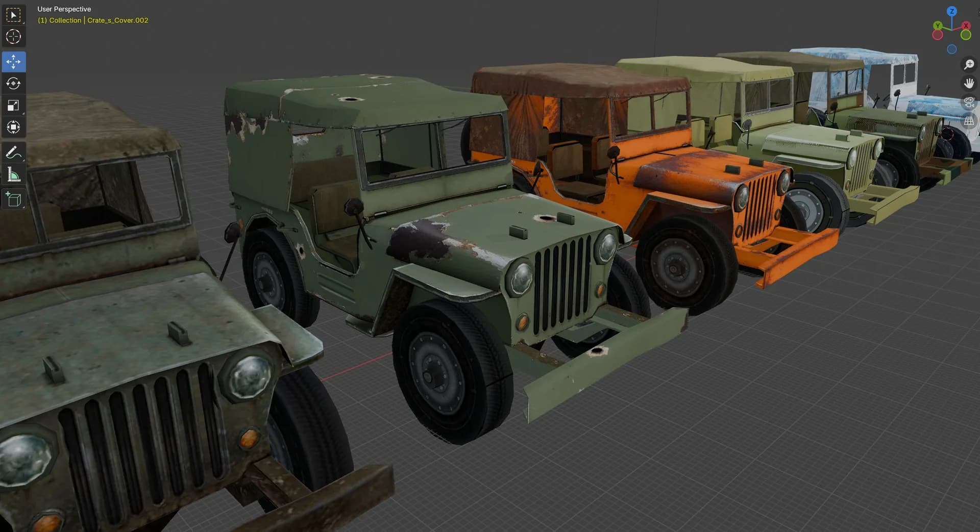 3D model render of old military jeeps in various colors and states of rust and wear, arranged in a row.