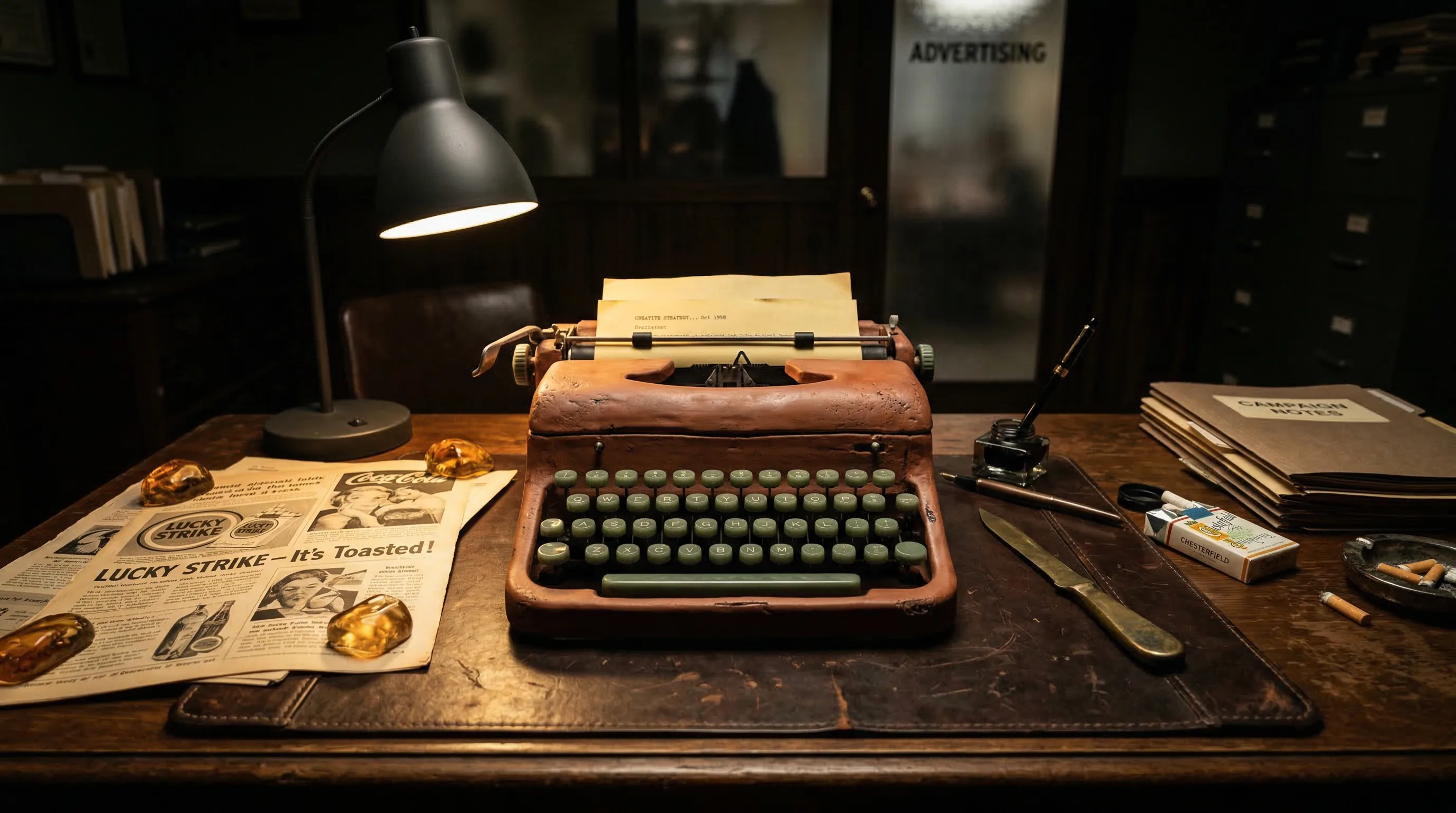 Vintage brown typewriter with green keys on wooden desk, black desk lamp, old newspaper and writing materials in moody office setting