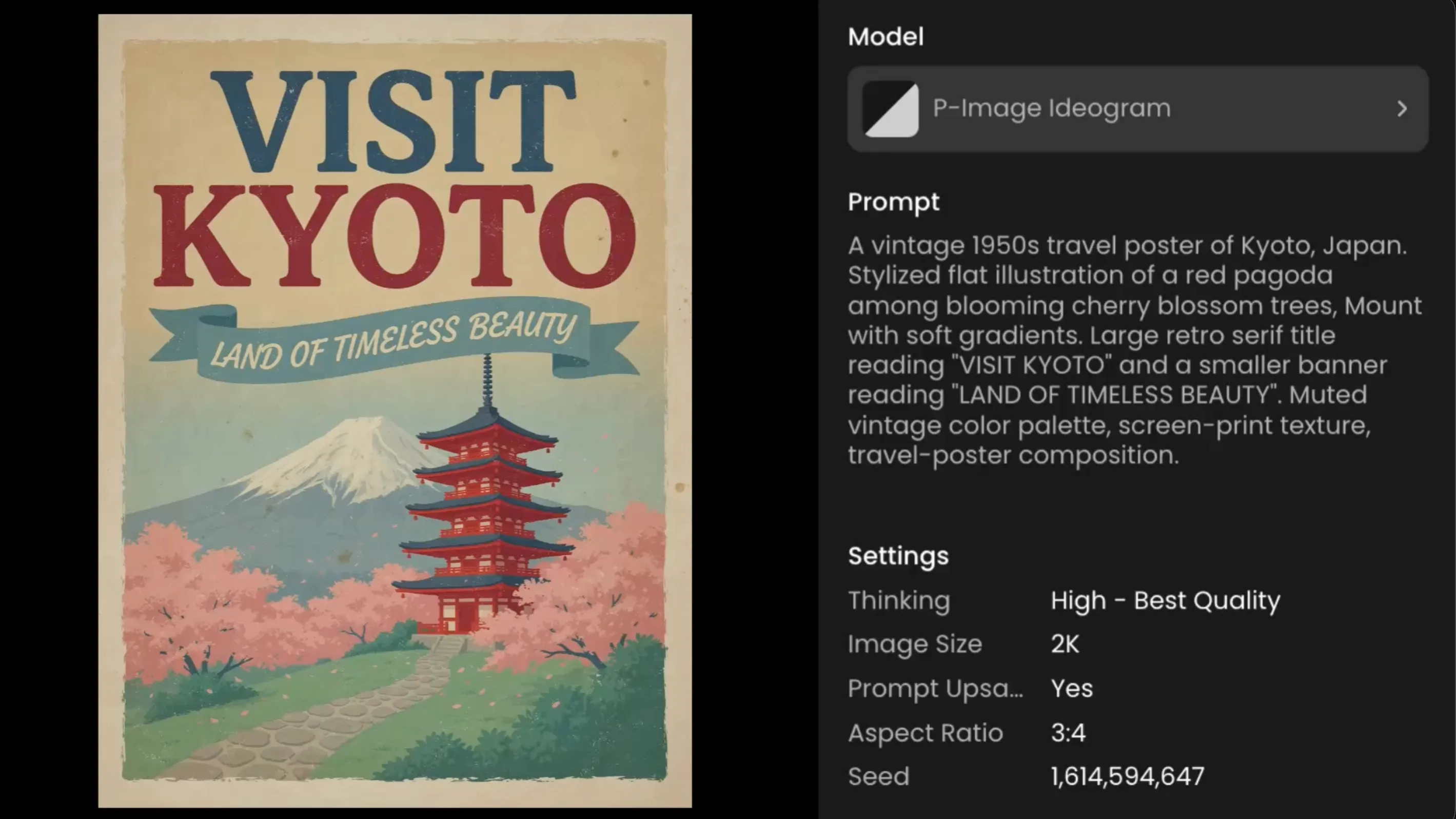 Vintage 1950s travel poster for Kyoto, Japan featuring red pagoda, cherry blossoms, Mount Fuji, and retro serif typography with muted color palette