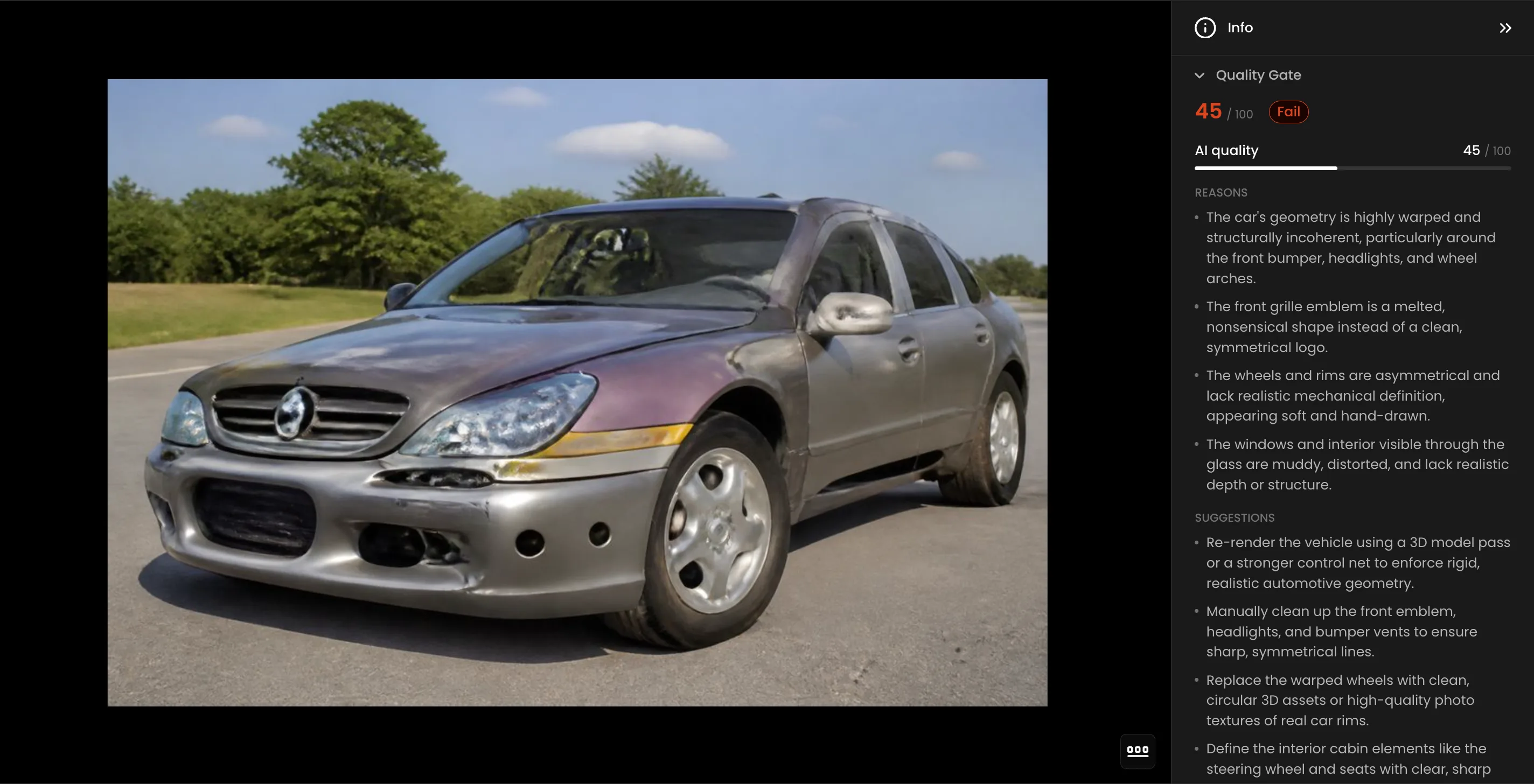 AI-generated Mercedes-Benz SUV with warped geometry, distorted body panels, and asymmetrical wheels displayed outdoors