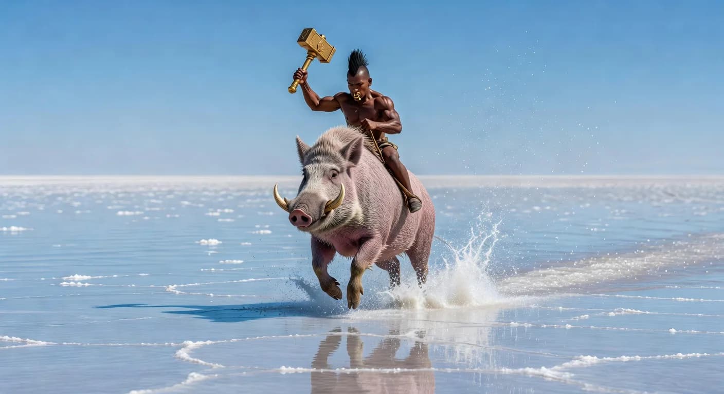 there is a man riding on the back of a pig on the beach