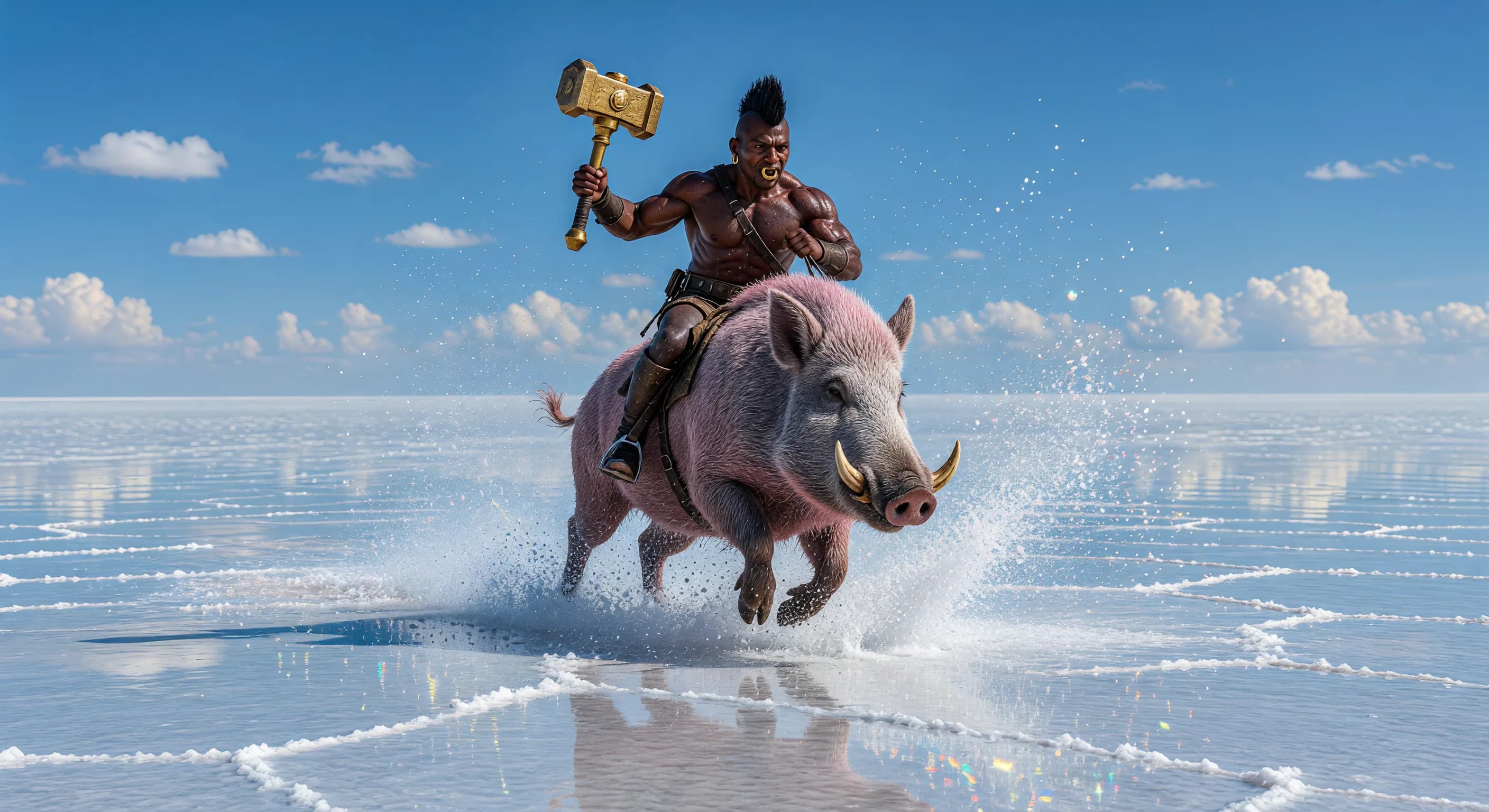 there is a man riding a cow with a hammer in his hand