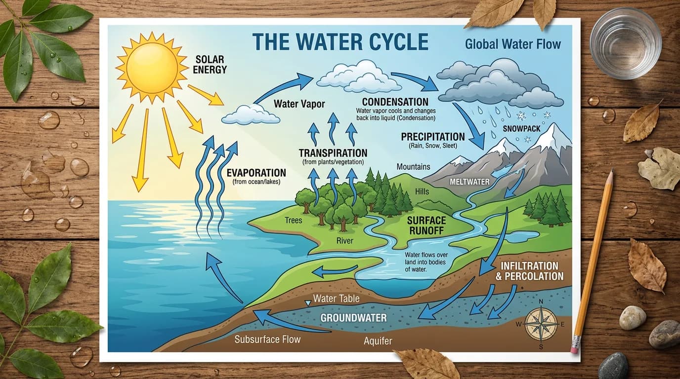 Water cycle diagram showing evaporation, condensation, precipitation, and groundwater flow with solar energy and global water circulation