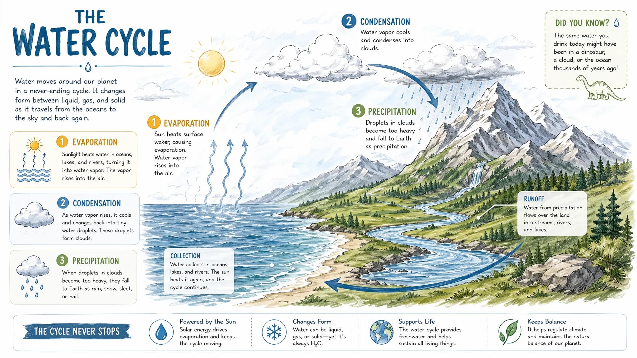 Educational water cycle diagram showing evaporation, condensation, precipitation, and collection processes with mountain landscape and ocean scenery.