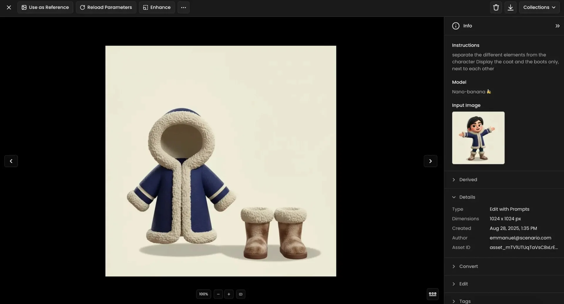 3D illustration of a blue winter coat with fur trim and brown fur-lined boots displayed side by side on a beige background.