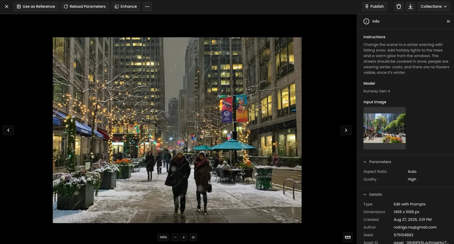 Snow-covered city street at night with people walking in winter coats, holiday lights decorating trees, and warm glowing windows in buildings.