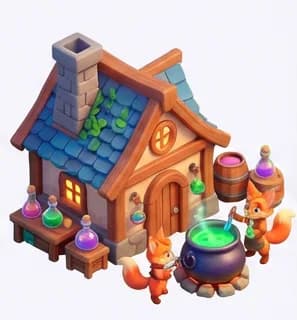 Colorful 3D witch cottage with magical cauldron, potion bottles, and enchanted accessories in fantasy style