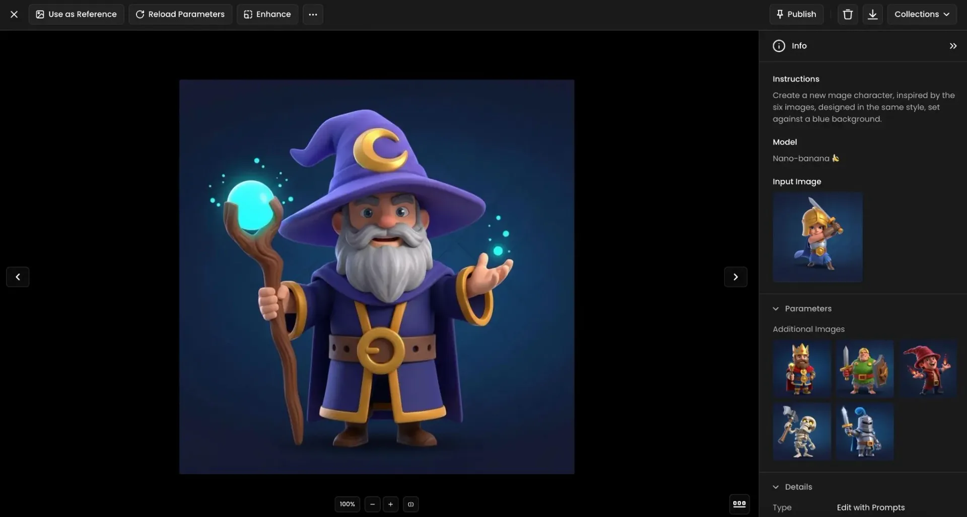 Fantasy mage character wearing purple robes and pointed hat, holding wooden staff with glowing orb against blue background.
