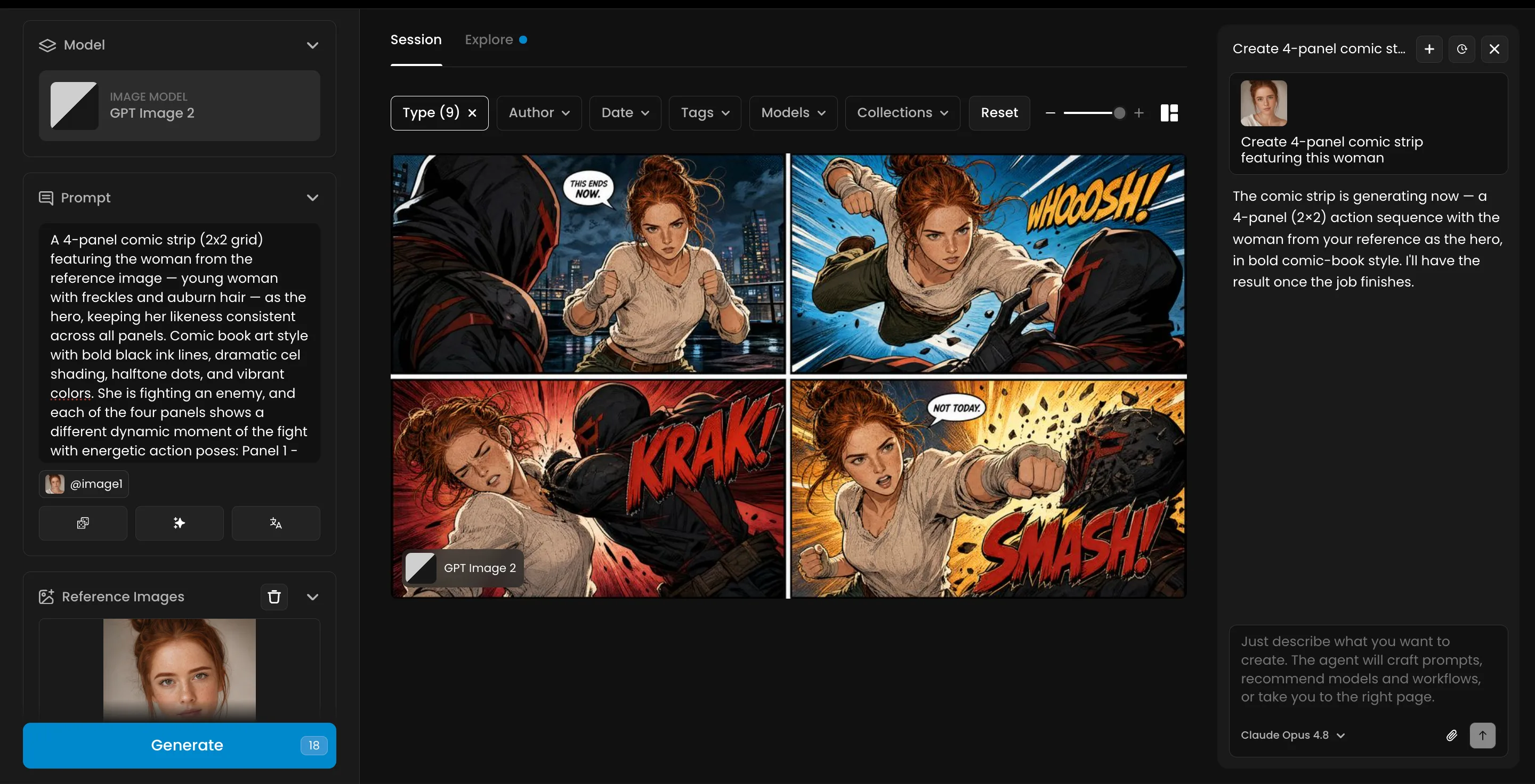 4-panel comic strip featuring a woman hero in bold comic book style with dynamic action poses and sound effects