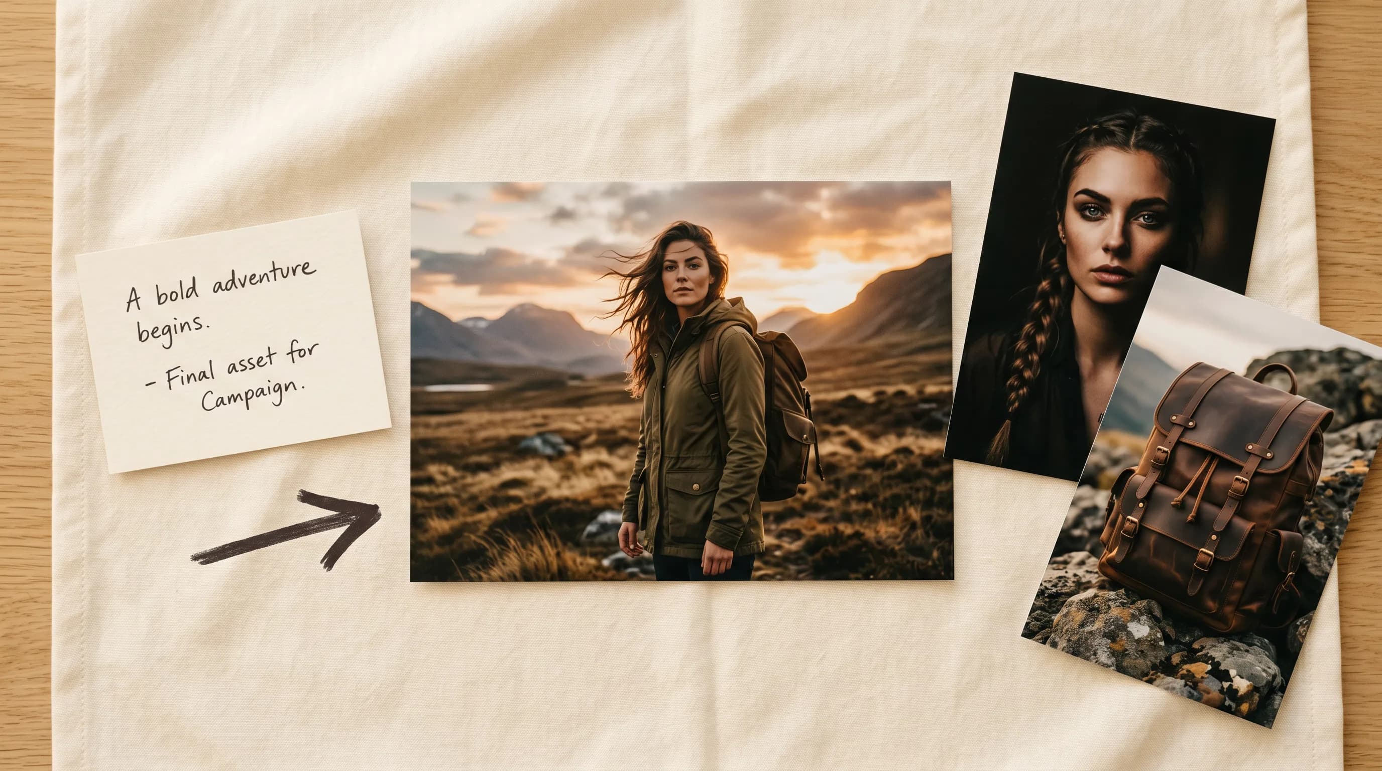 Woman in olive jacket hiking mountain landscape with backpack, adventure travel photography for campaign asset