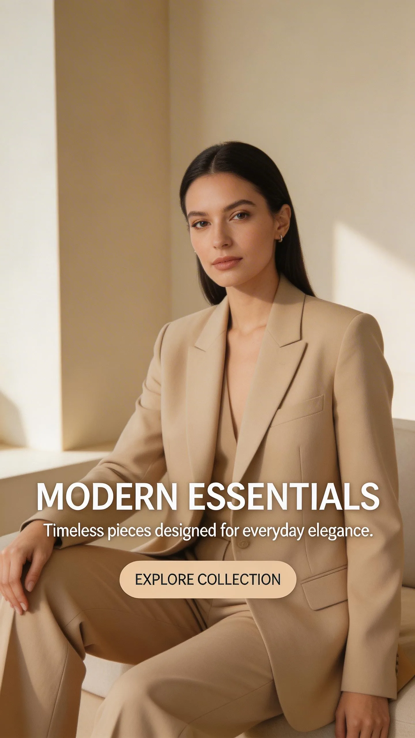 Woman wearing beige tailored blazer suit in minimalist interior, modern essentials everyday elegance