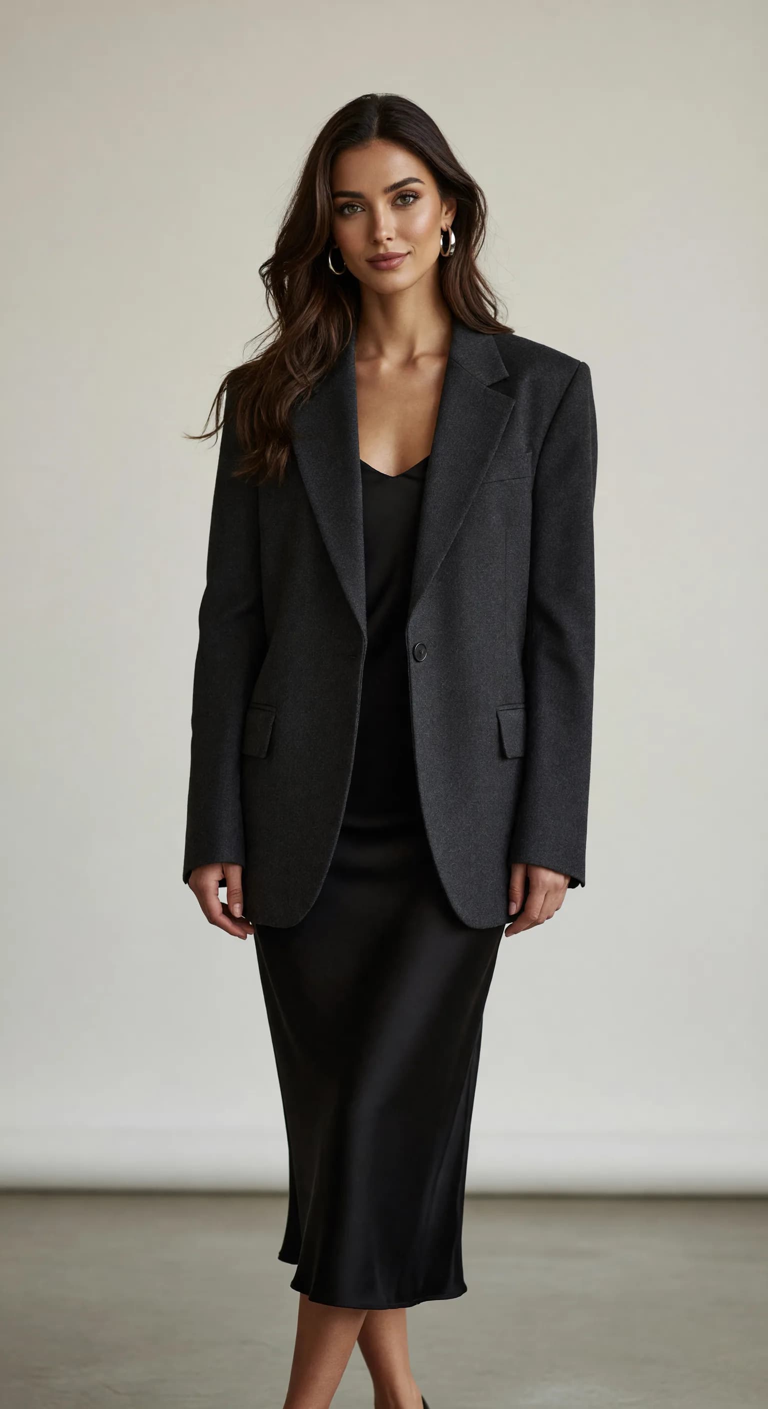 Woman wearing charcoal black blazer and black midi skirt with hoop earrings, professional business casual outfit on neutral background