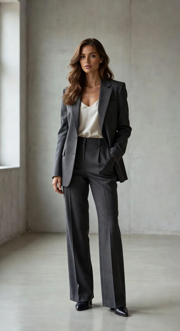 arafed woman in a gray suit and white top standing in a room