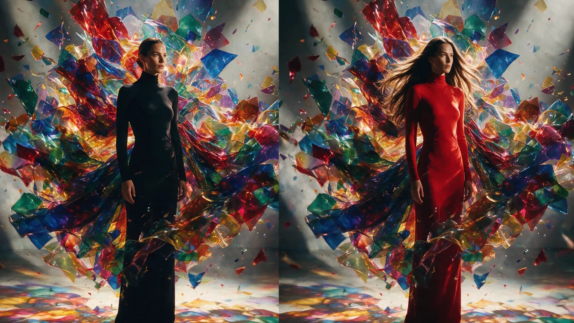 Woman in red dress standing amid vibrant exploding glass shards and colorful light fragments in digital art composition