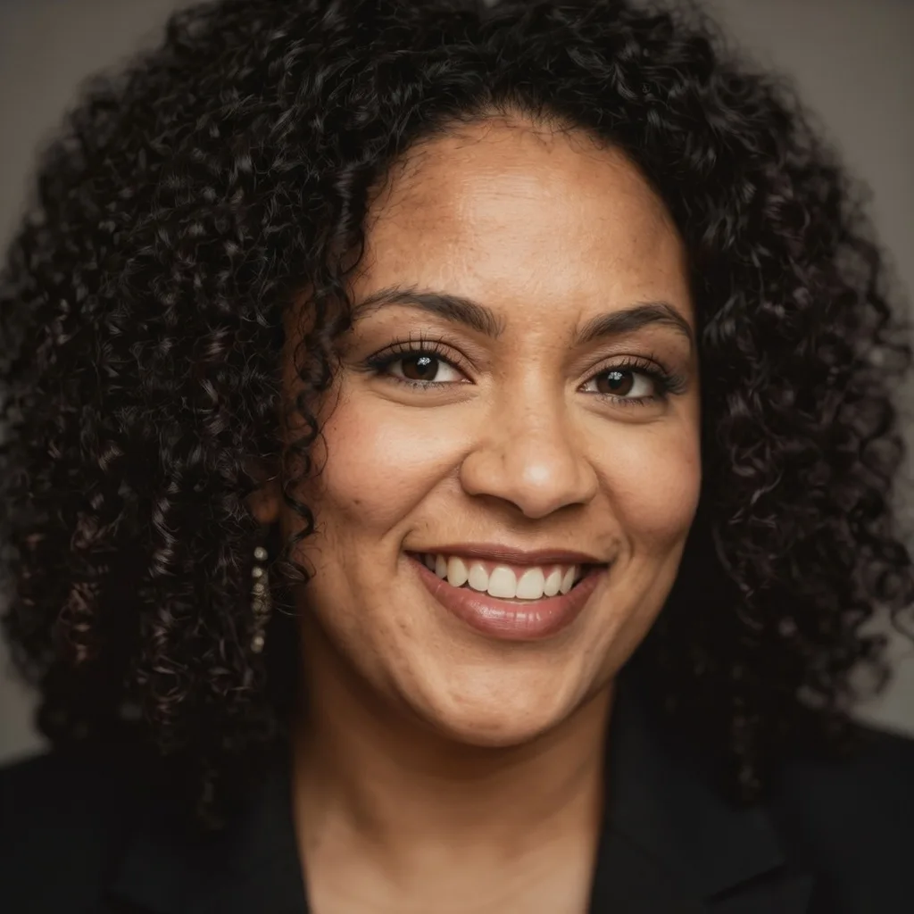 smiling woman with curly hair and black blazer posing for a picture