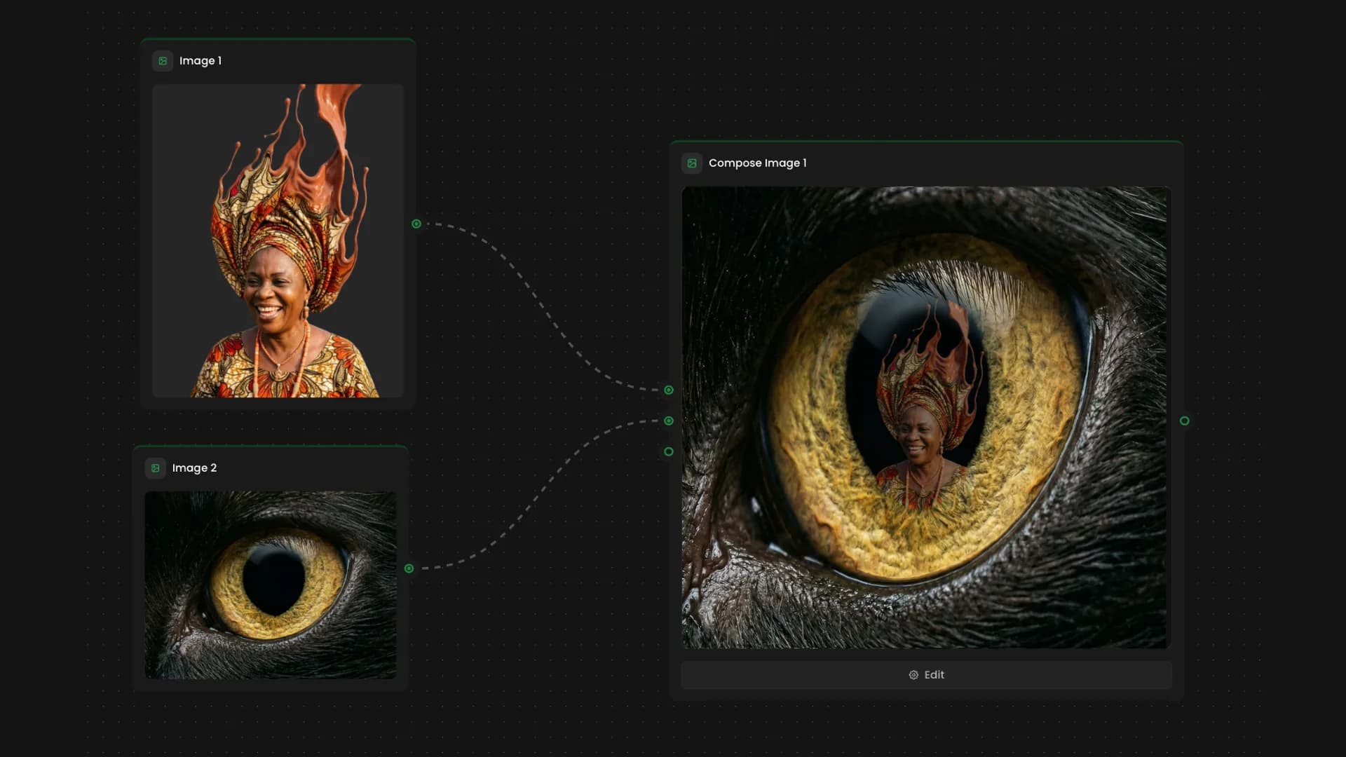 Woman with flaming ornate headdress reflected in a golden animal eye, surreal digital composite art