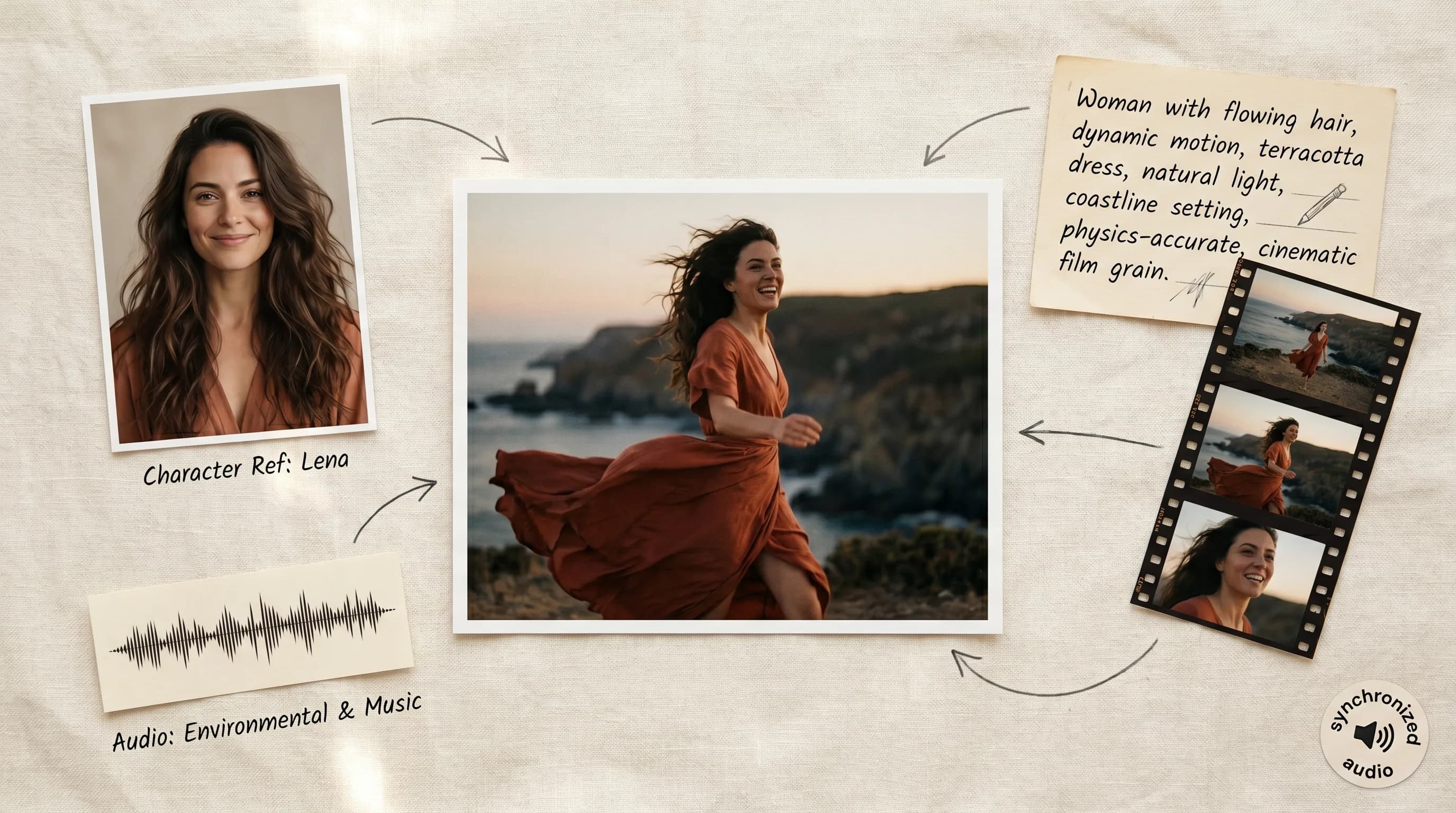 Woman with flowing dark hair in terracotta dress running on coastal cliff at golden hour, cinematic film grain aesthetic, coastal landscape backdrop