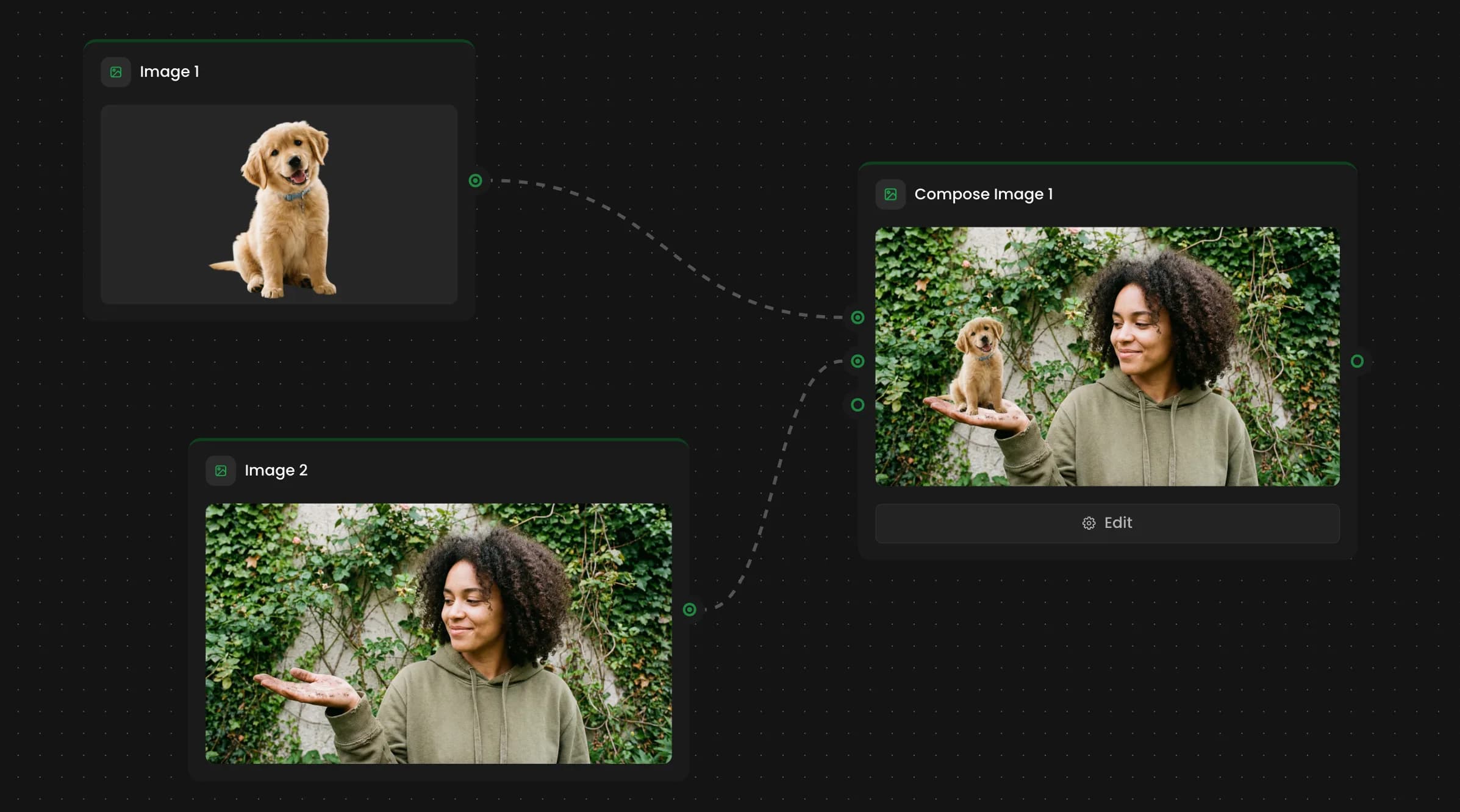 Woman in olive hoodie holding golden retriever puppy against ivy-covered wall outdoors