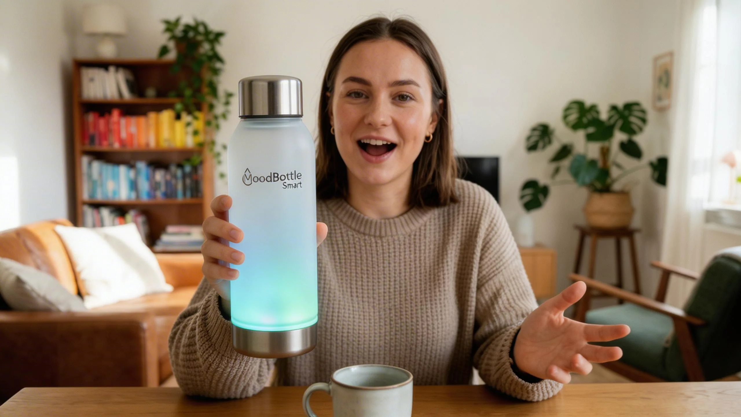 Excited woman holding illuminated MoodBottle Smart water bottle with turquoise glow in modern living room with bookshelf and plants