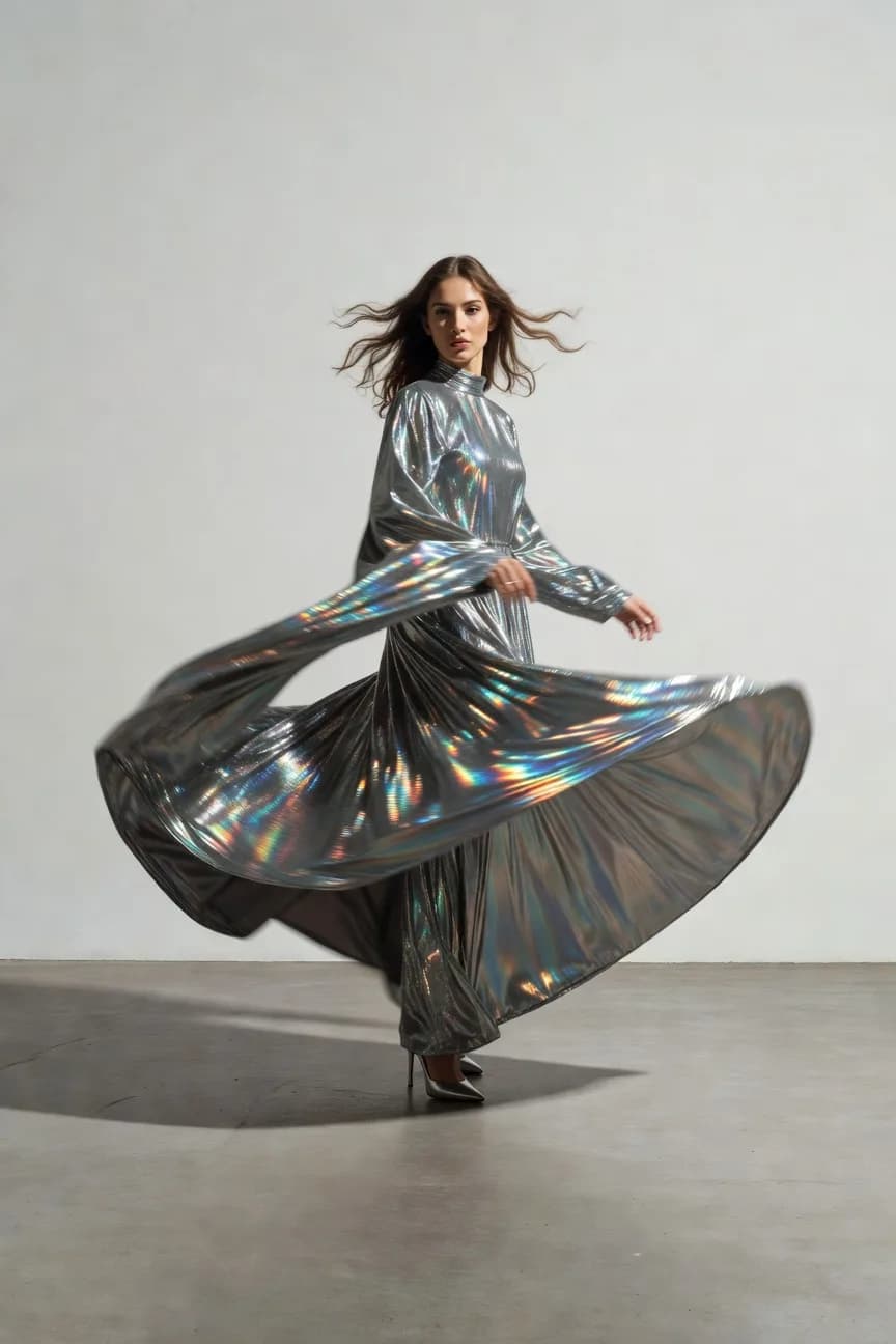 arafed woman in a metallic dress dancing in a studio