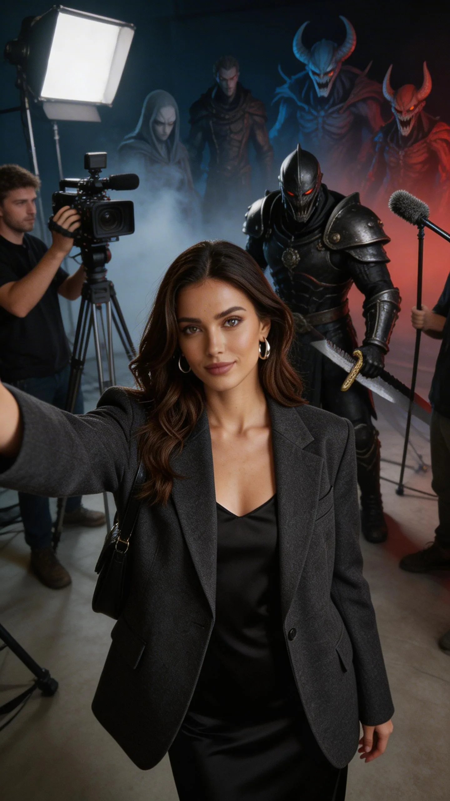 Professional woman in black blazer on film set with cameraman, medieval knight, and demon characters in background
