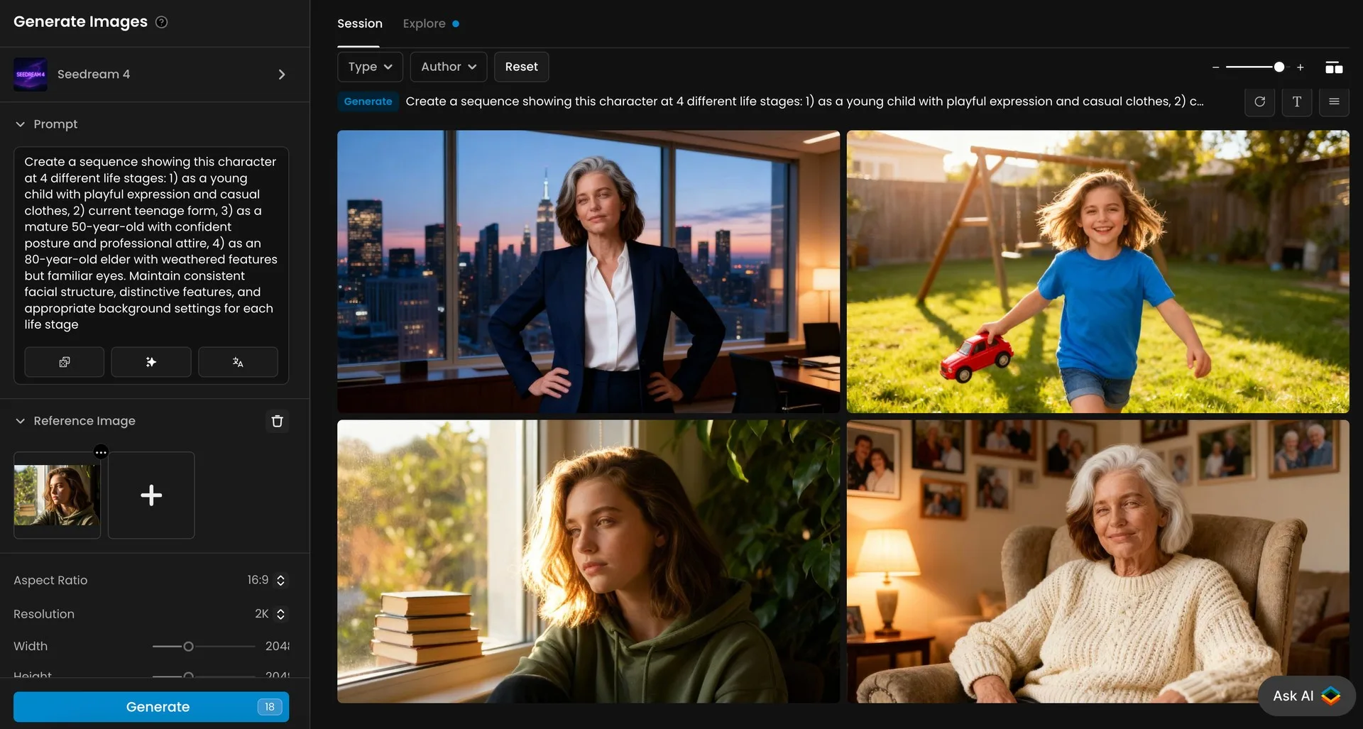 Four images showing the same female character at different life stages: childhood, teenage, professional adult, and elderly woman, in appropriate environments.