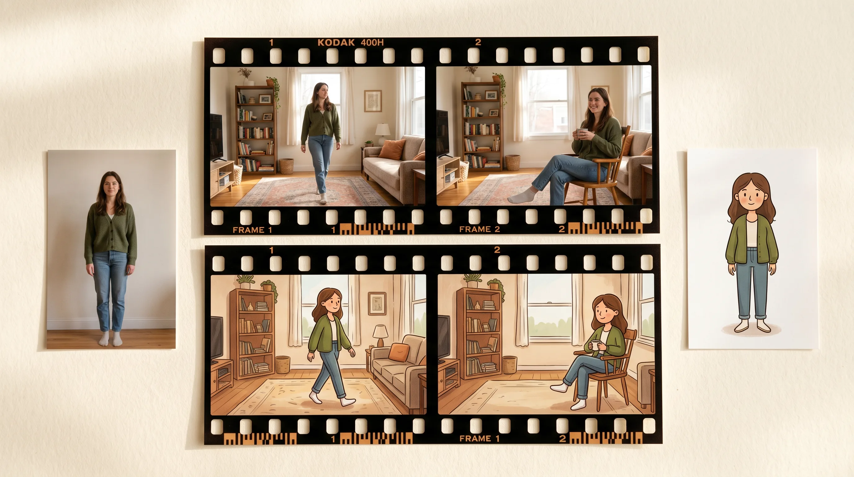 Woman in olive jacket and jeans shown in film strip format with photography and illustrated animation scenes in cozy living room interior