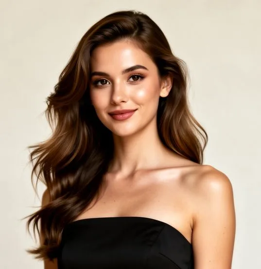 Woman with long brown wavy hair wearing black strapless top against neutral beige background studio portrait