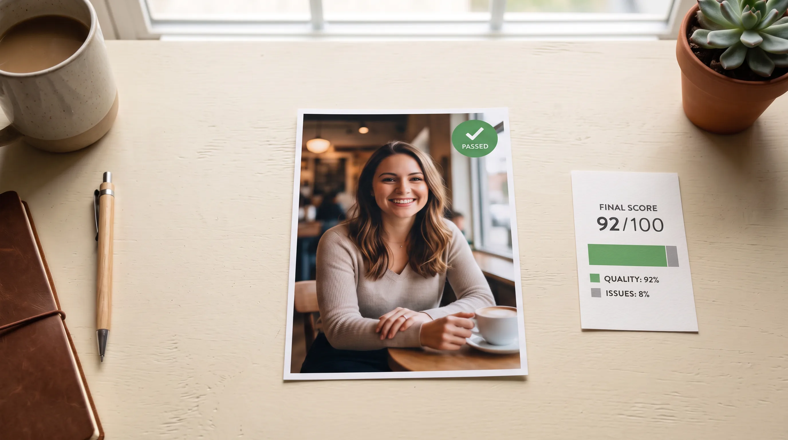 Woman smiling at desk with coffee cup, portrait photo with passed evaluation badge and 92/100 score card
