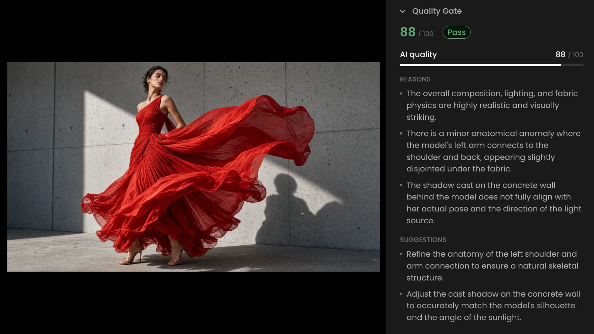 Woman in vibrant red flowing dress posing against concrete wall with dramatic sunlight shadow, AI-generated fashion art