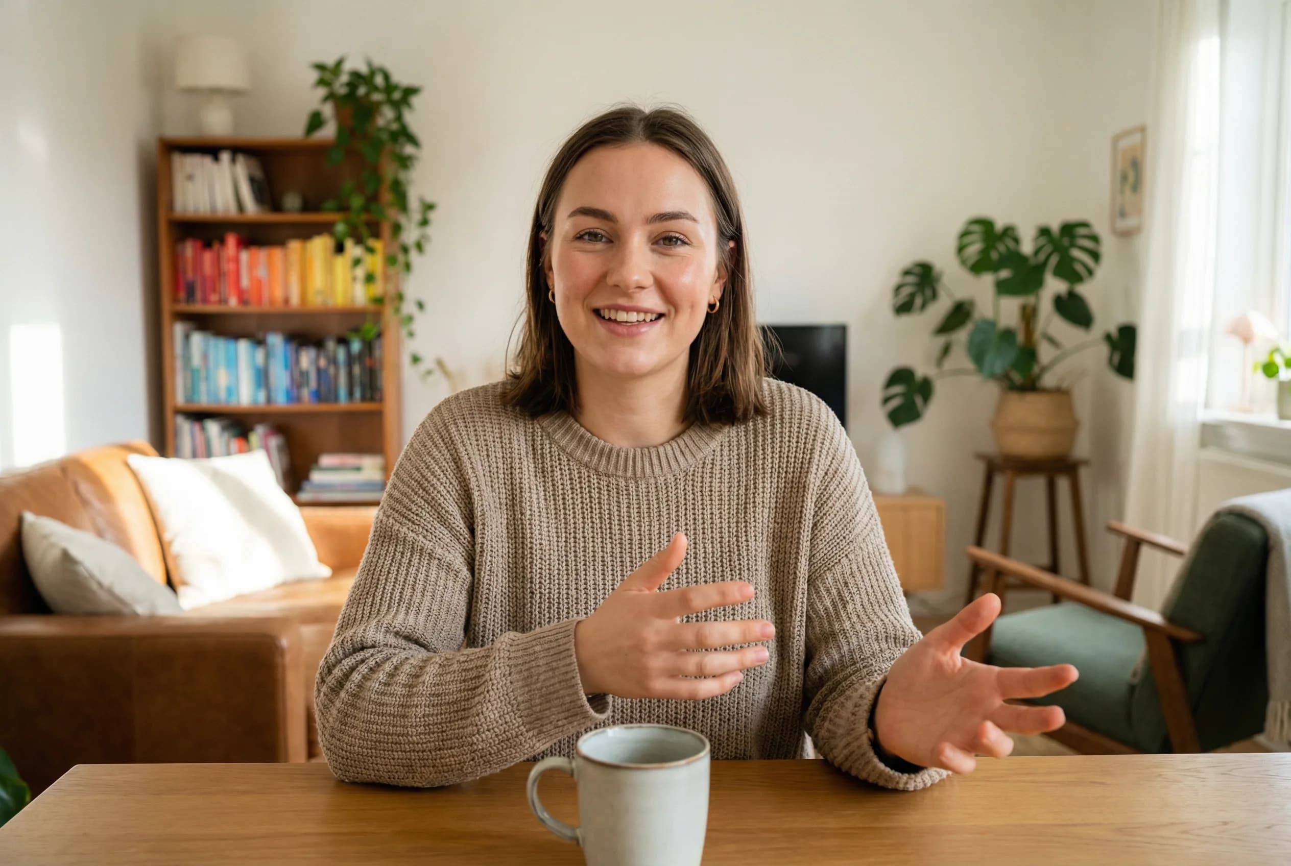 Smiling woman in beige sweater speaking at desk with coffee mug, warm living room with bookshelf and plants in background
