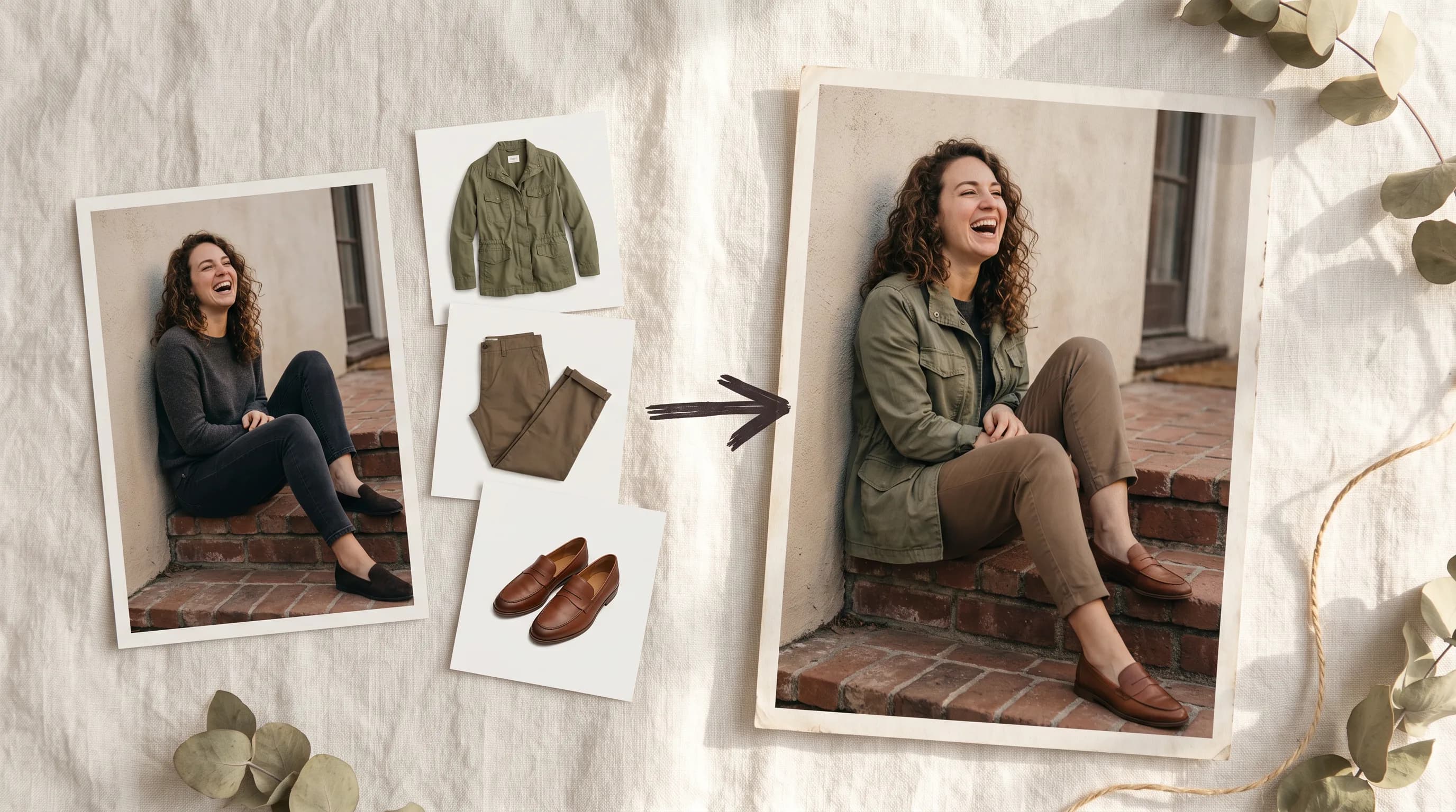 Woman styling transformation with before and after photos showing olive jacket, khaki pants, and brown loafers on white brick background