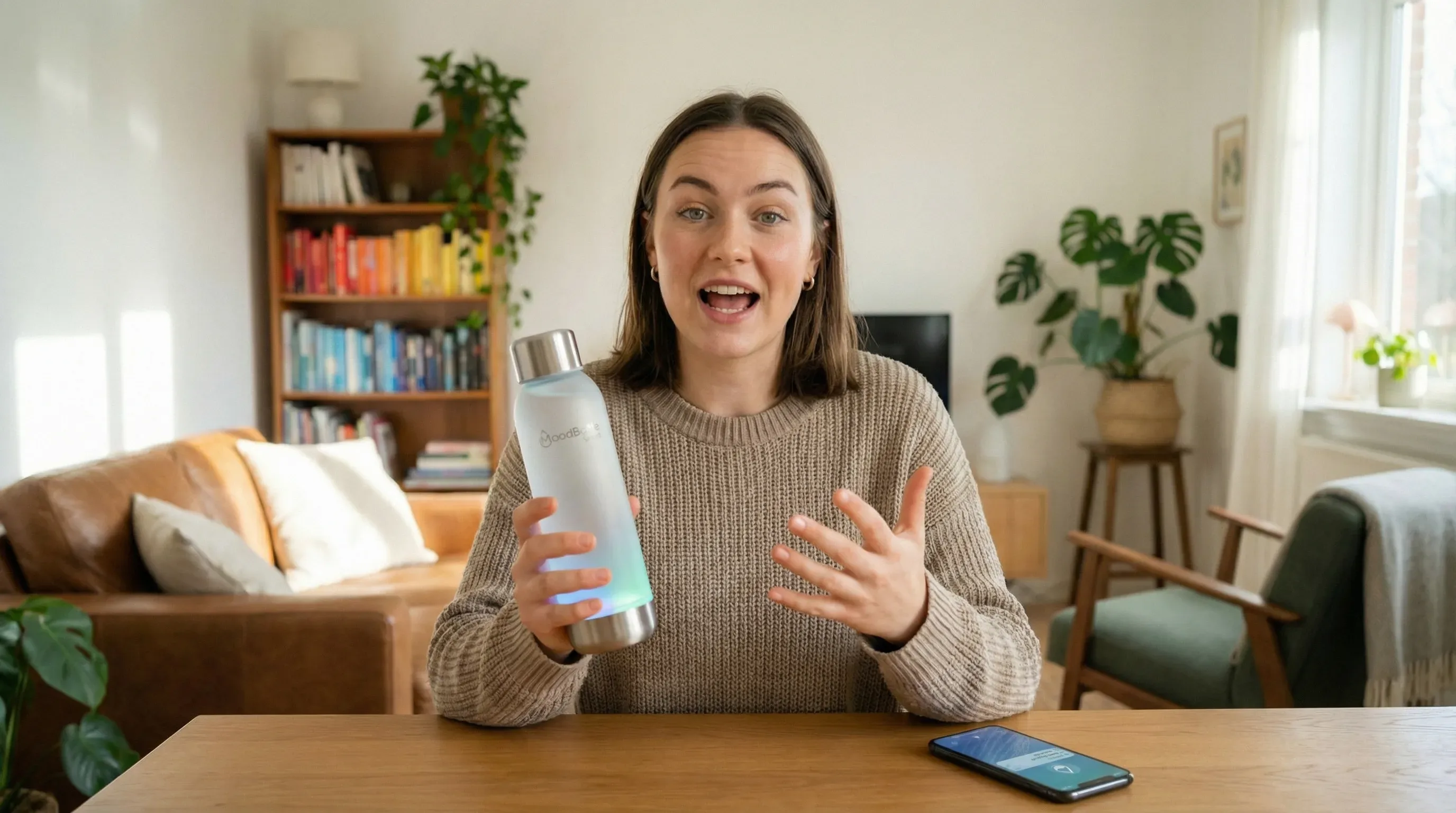 woman holding a bottle of water and a cell phone on a table
