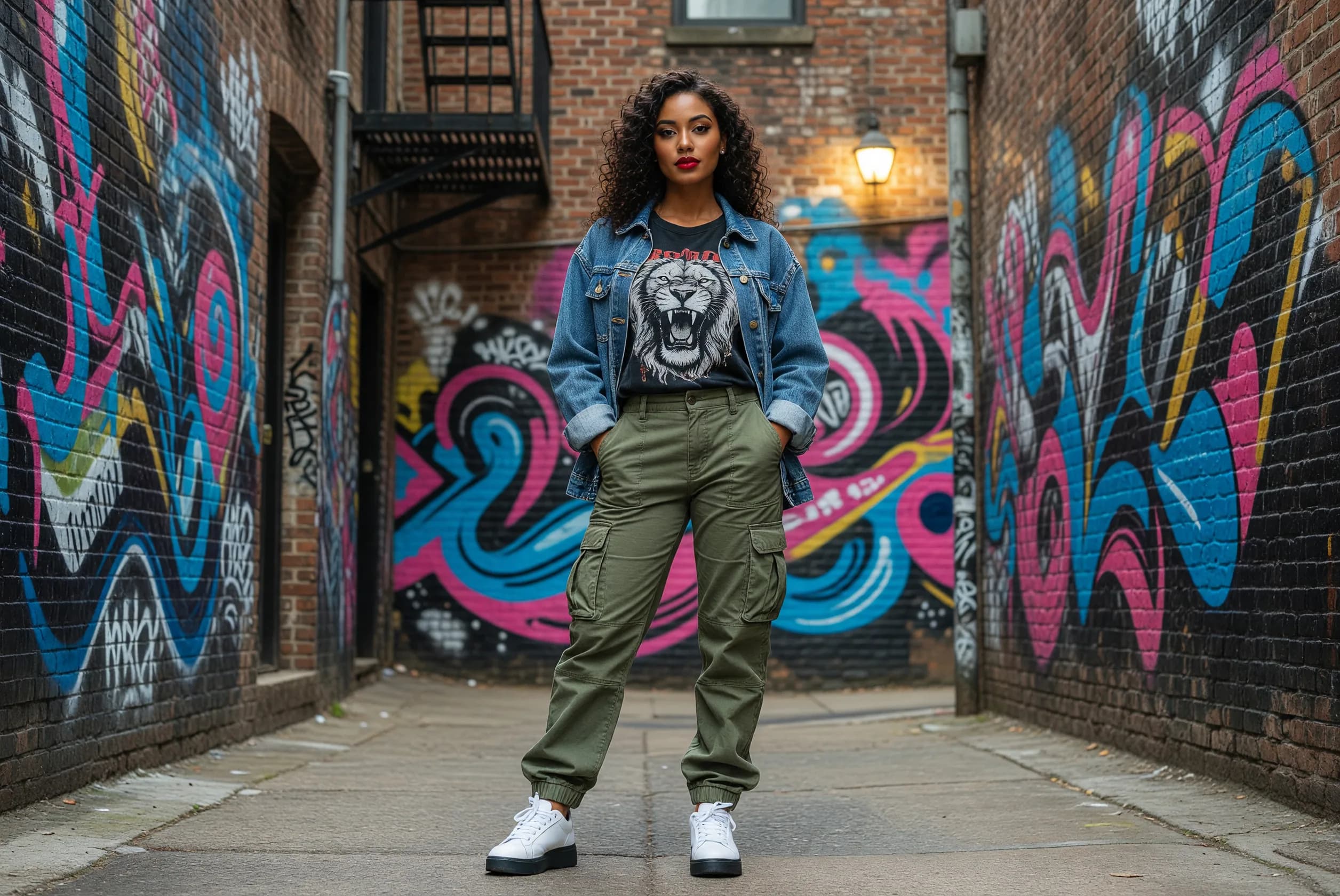 arafed woman in a denim jacket and cargo pants standing in a alley