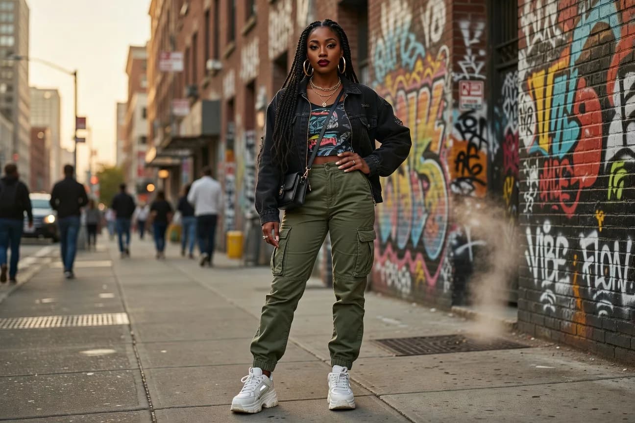 there is a woman standing on the sidewalk in front of a wall