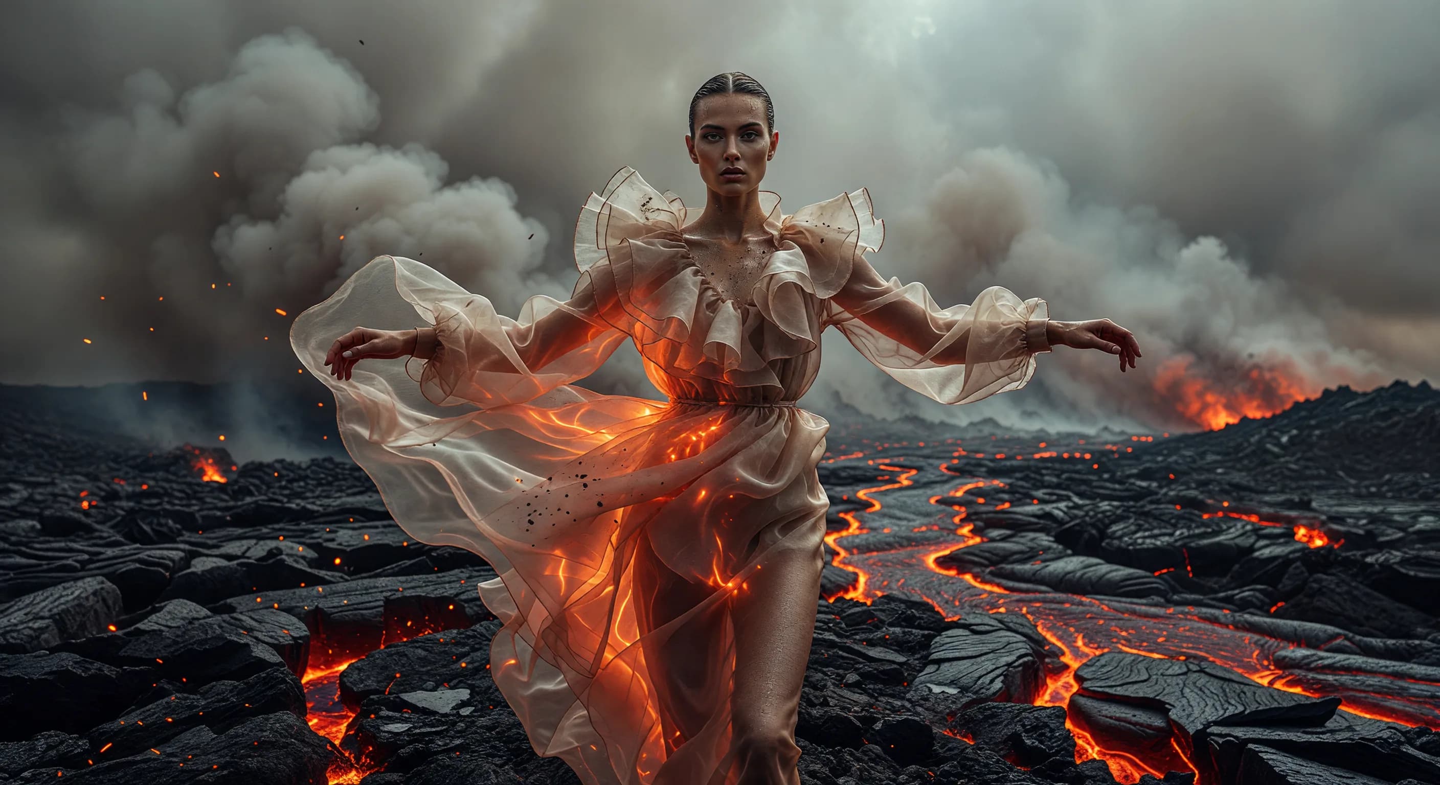 there is a woman in a dress standing in front of a lava field
