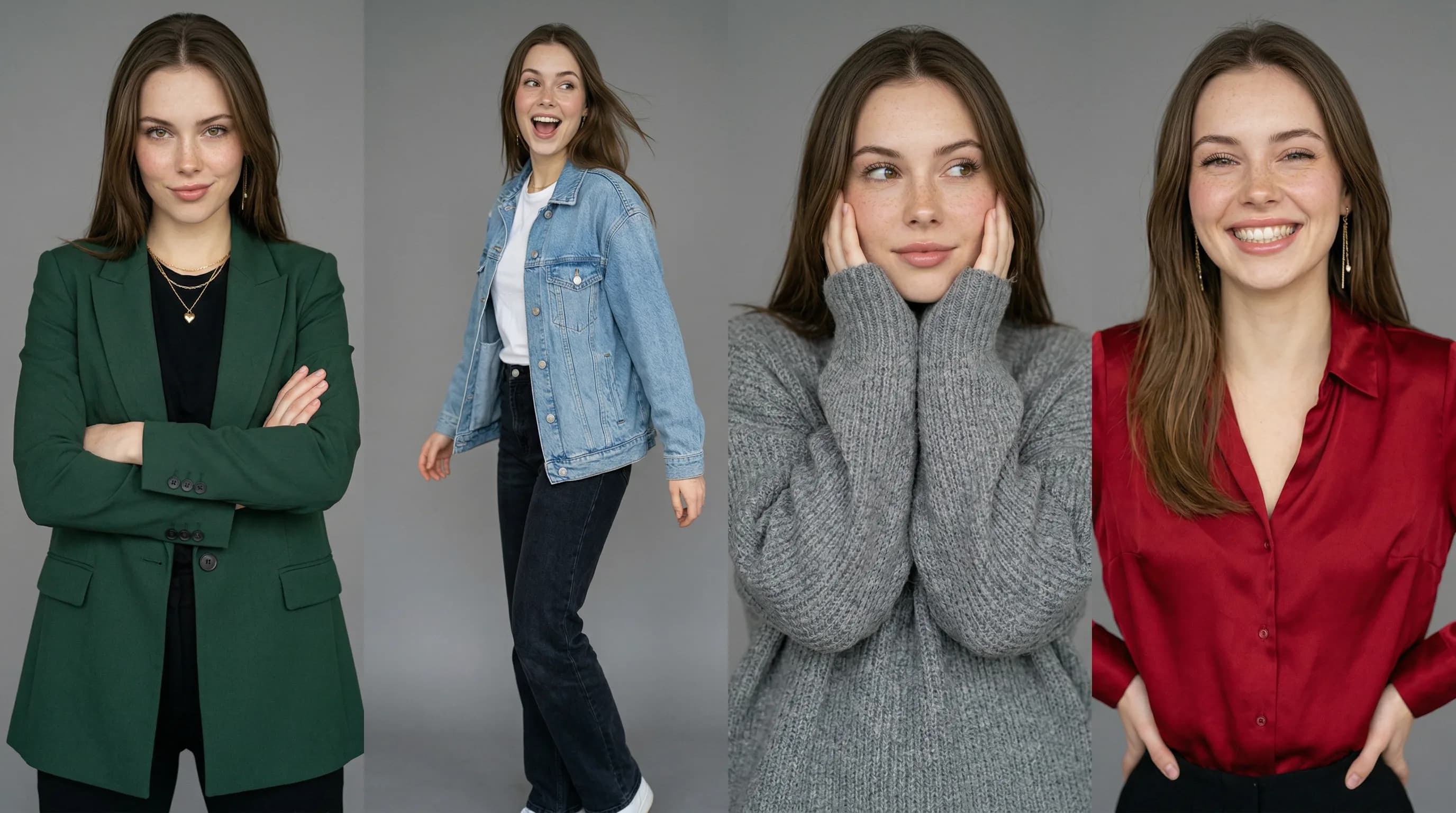 Studio portrait collage of four women wearing green blazer, denim jacket, gray sweater, and red blouse in different casual and professional styles