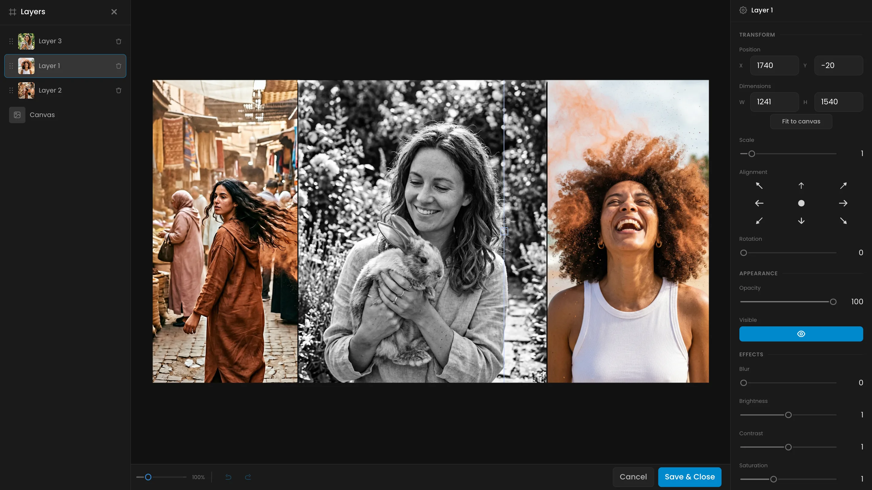 Collage of three women portraits: urban fashion in earthy tones, black and white nature portrait with puppy, colorful outdoor headshot with natural curly hair