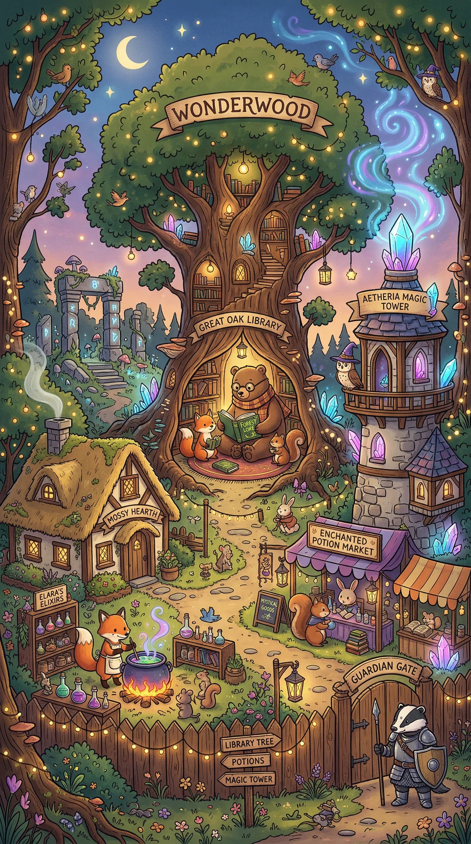 Magical forest village called Wonderwood with a giant library tree, crystal tower, potion shops, cute animals, and glowing lights at night