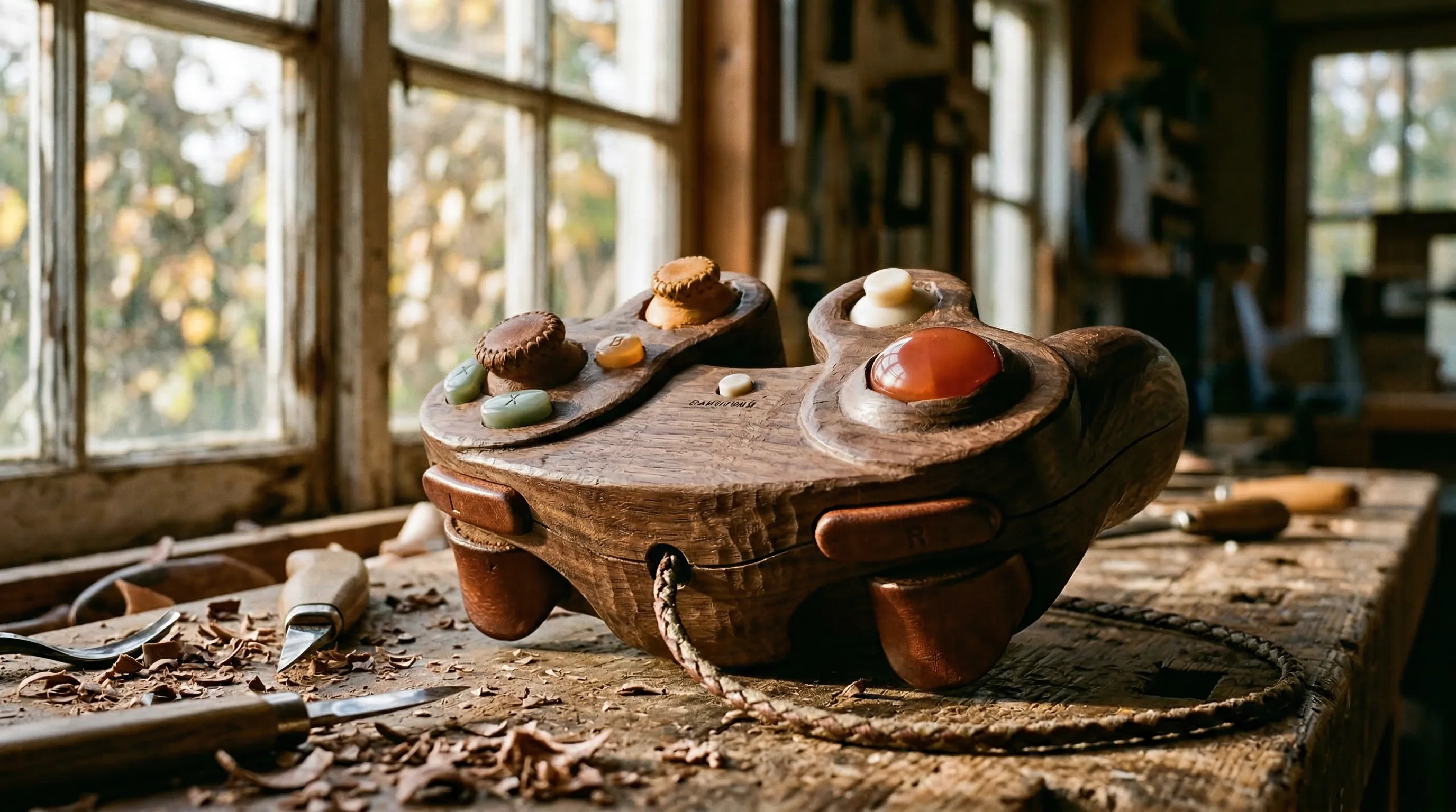 Wooden artist palette with pigments and brushes in sunlit rustic studio with large windows