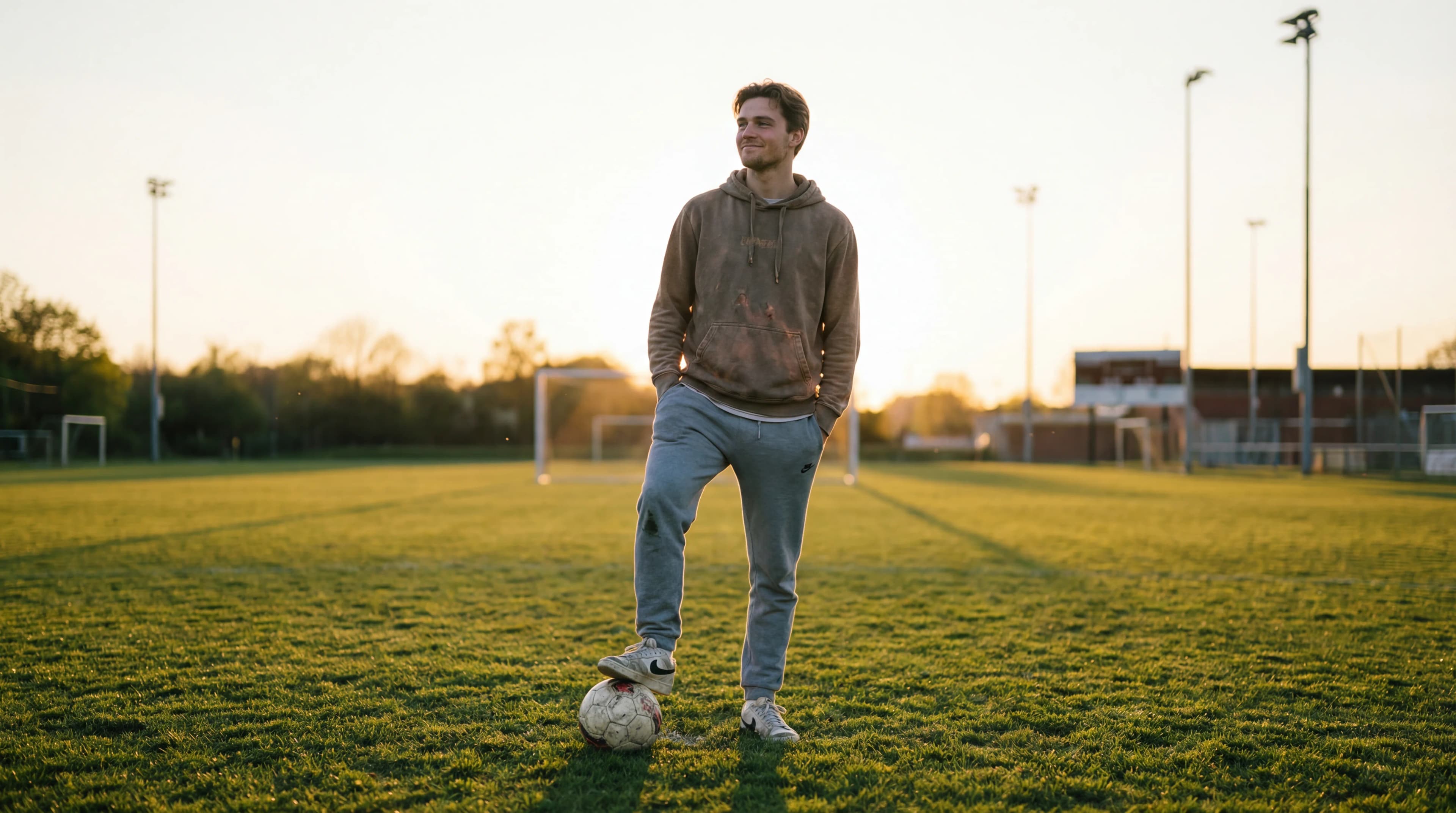 Young man in hoodie and jeans standing with soccer ball on grass athletic field at sunset with stadium lights