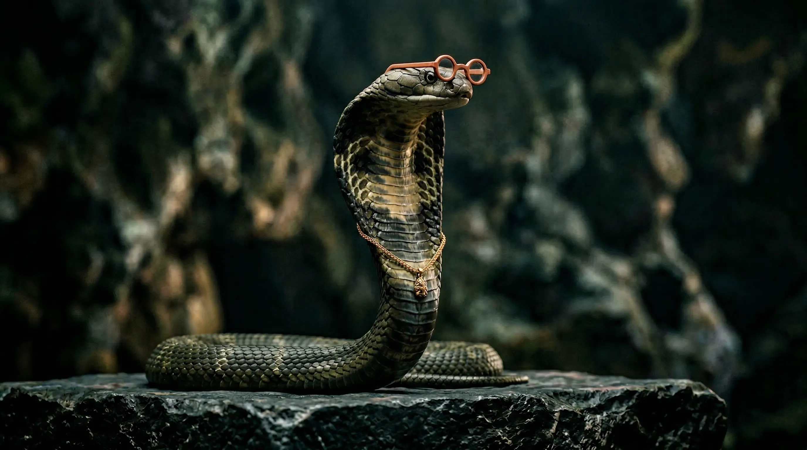 Cobra wearing round orange glasses on a rock