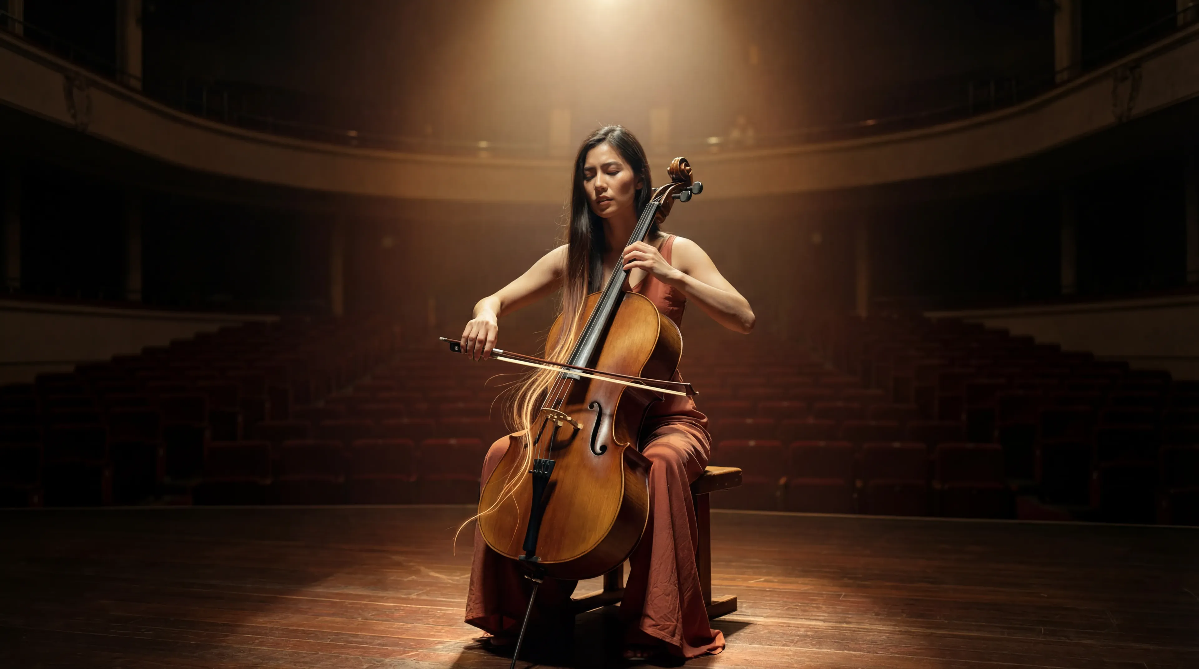 Woman playing cello alone on a concert hall stage