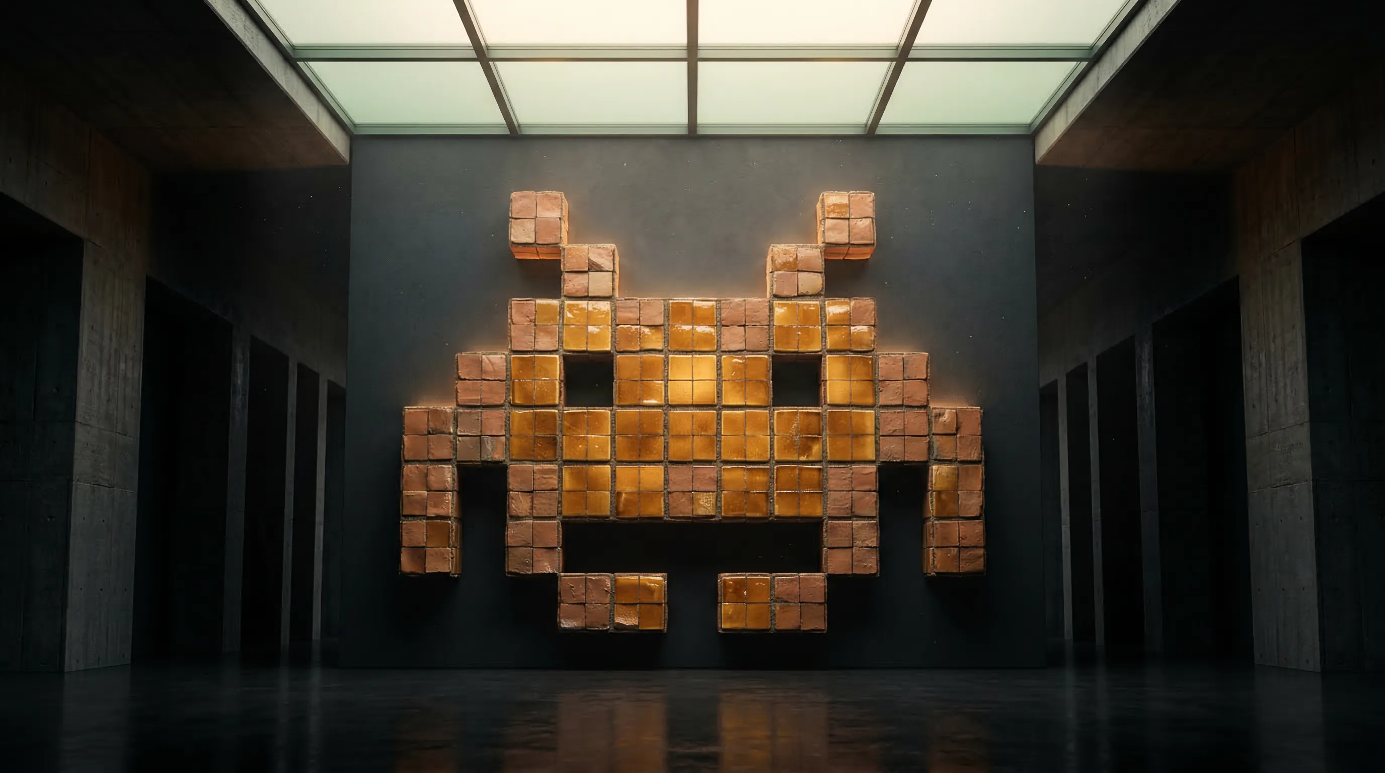 Space Invaders pixel art sculpture made of golden blocks in a gallery